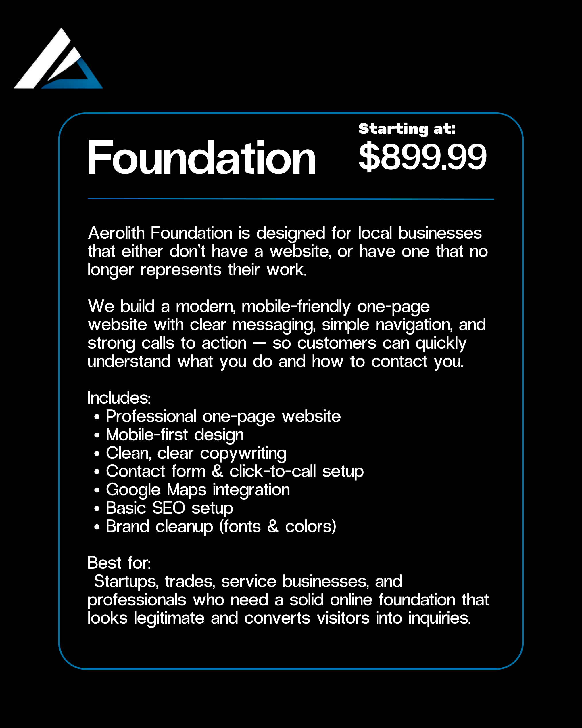 Advertisement for Aerolith Foundation, offering a professional one-page website starting at $899.99, with features like mobile-first design, clear copywriting, contact form, Google Maps integration, SEO setup, and brand cleanup, targeting startups, trades, service businesses, and professionals.