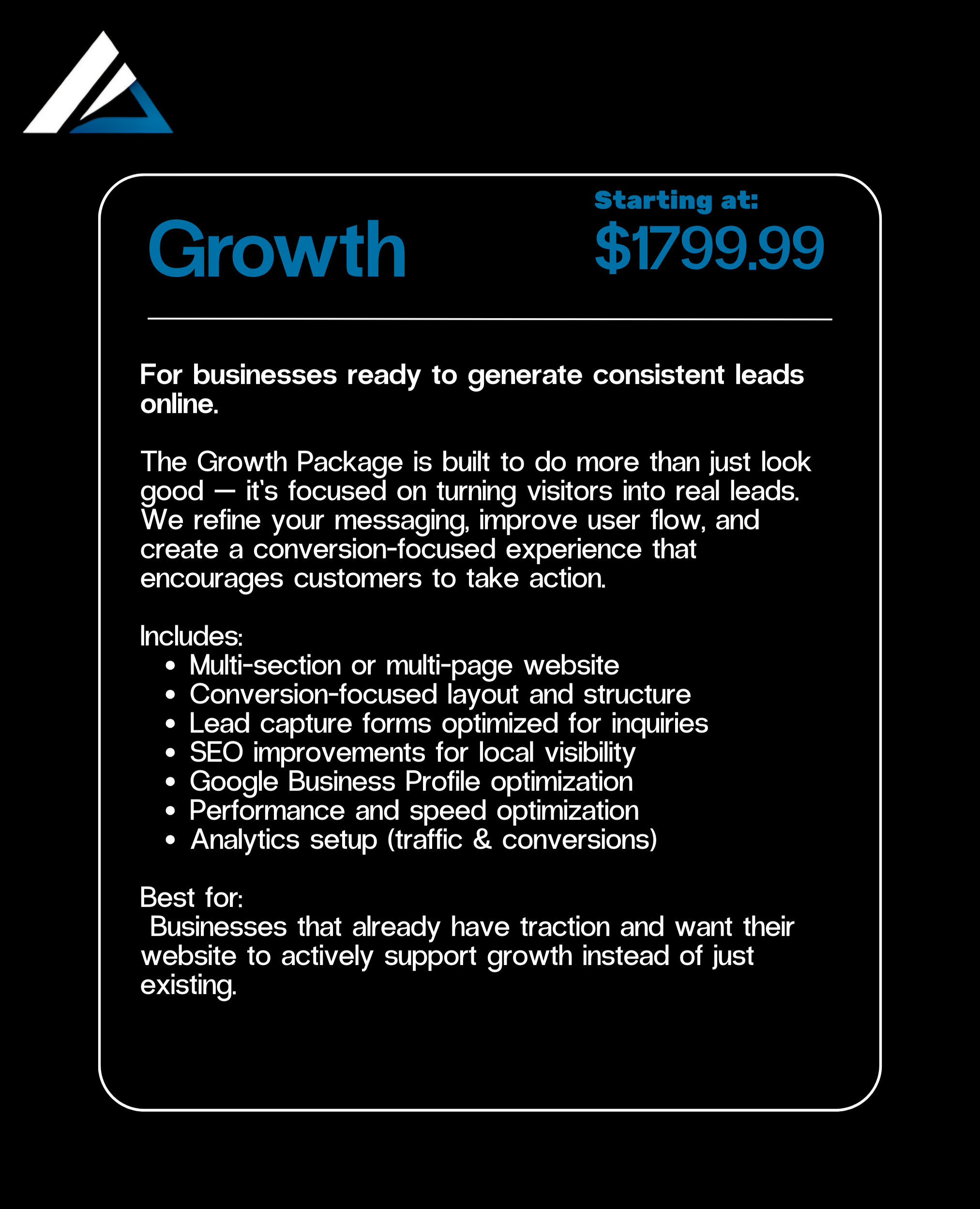 Advertisement for a growth package starting at $1799.99, offering website and marketing services for businesses looking to generate online leads and support growth.