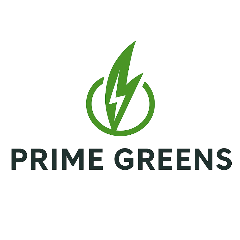 Logo for Prime Greens featuring a green lightning bolt inside a green circle, with the text 'PRIME GREENS' below.