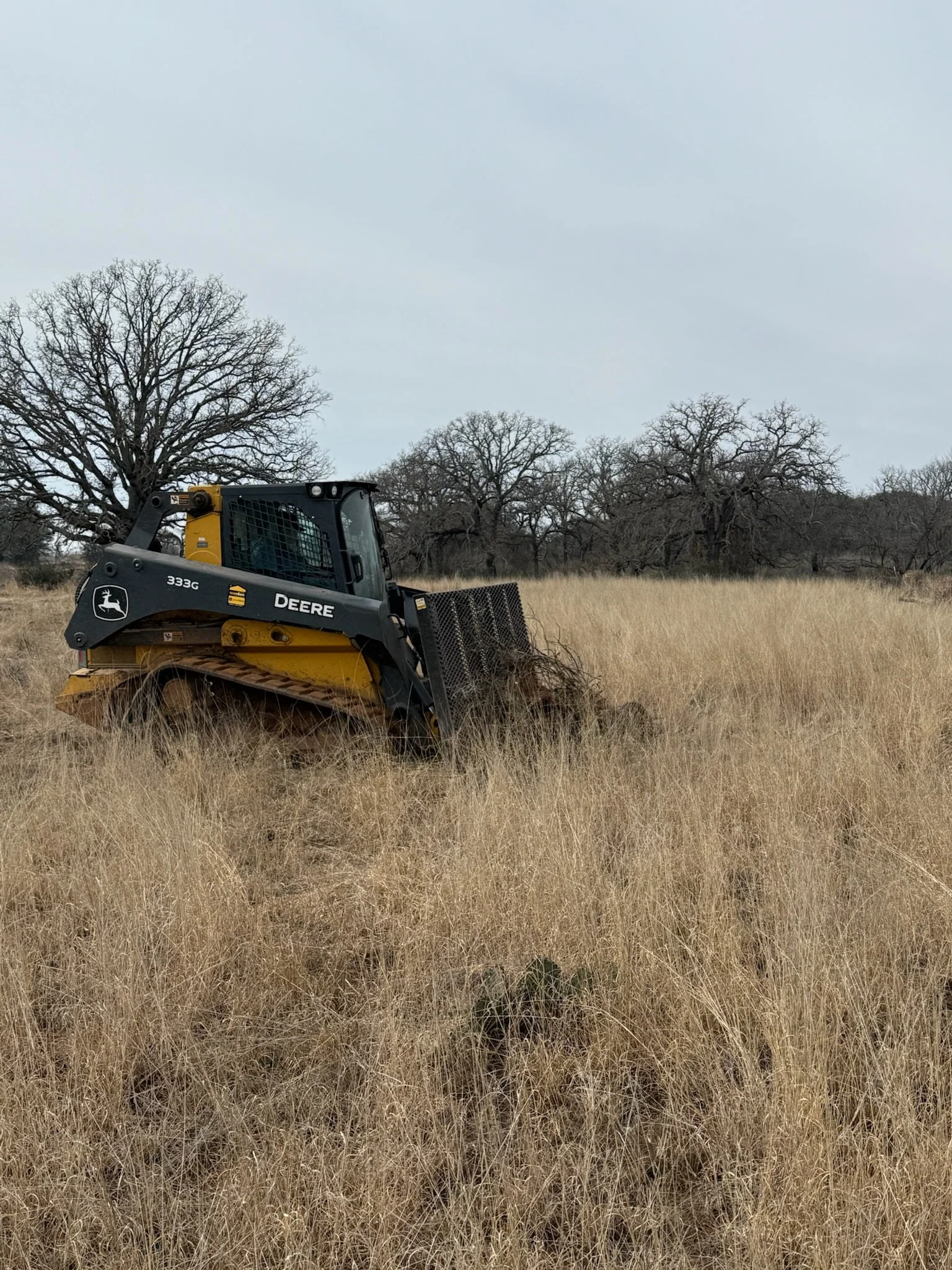 A John Deere compact skid steer loader in a field of dry grass with leafless trees in the background.