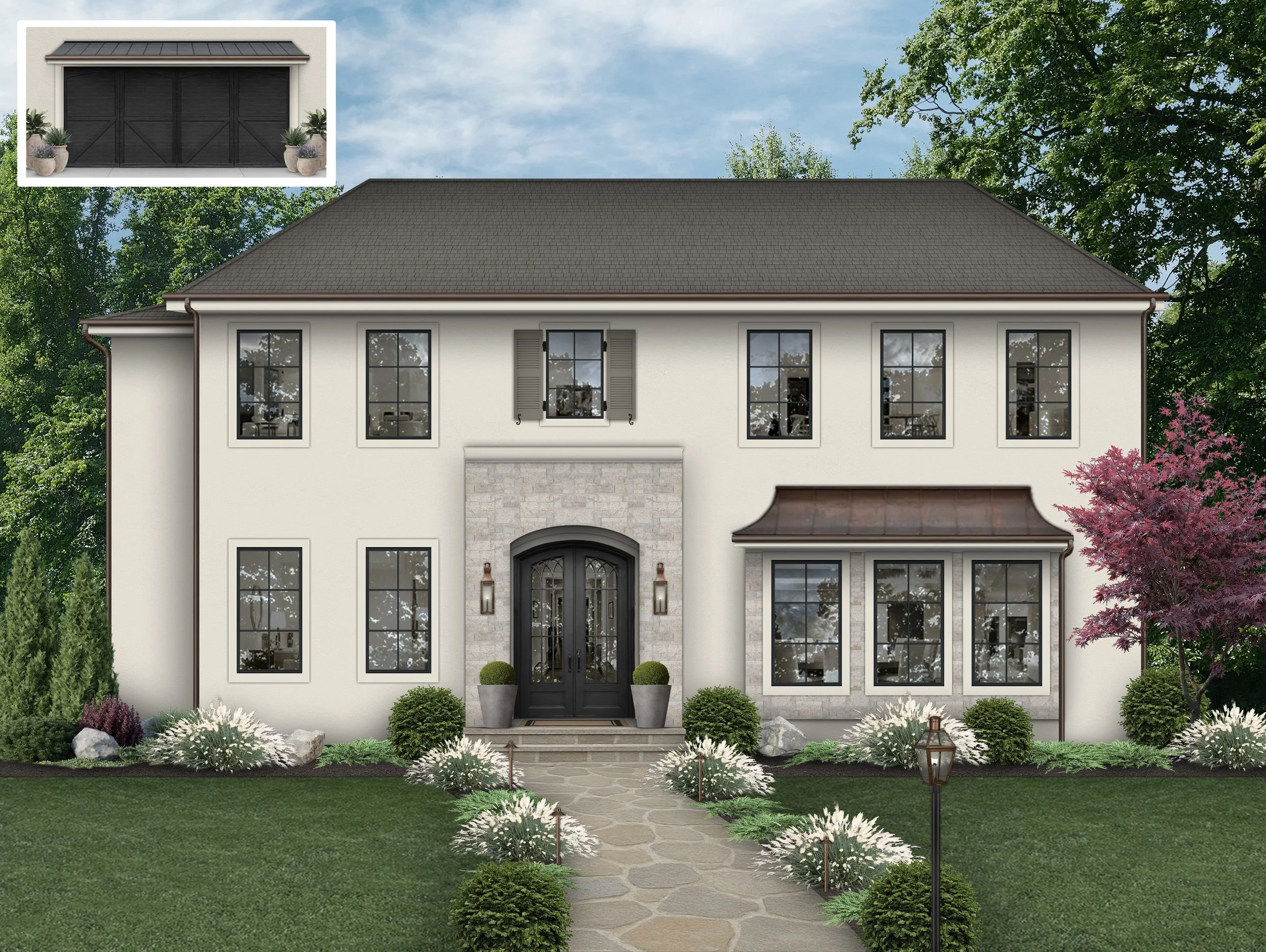 Front view of a two-story house with black front door, large windows, stone accents, surrounded by landscaped garden and walkway, trees in background, and a cloudy blue sky.