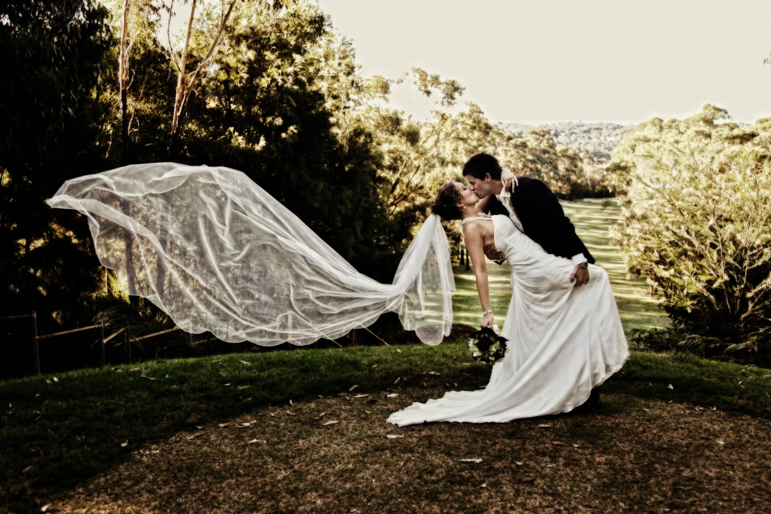 A bride and groom share a romantic kiss outdoors with trees and a grassy landscape in the background. The groom is dipping the bride, who is holding a bouquet, as her veil flows in the wind.
