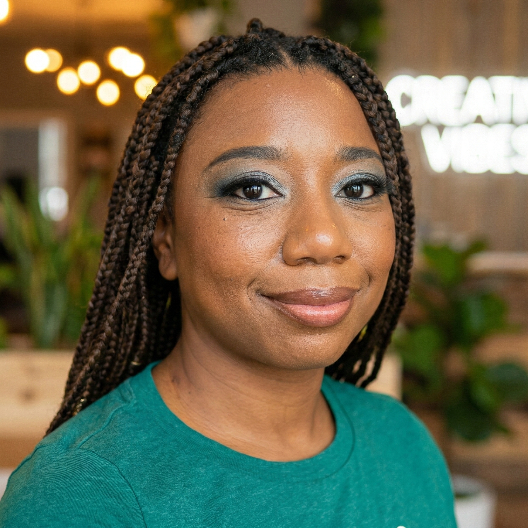 Close-up of a woman with braided hair, wearing a teal shirt, smiling softly, with a blurred background of greenery and lights.
