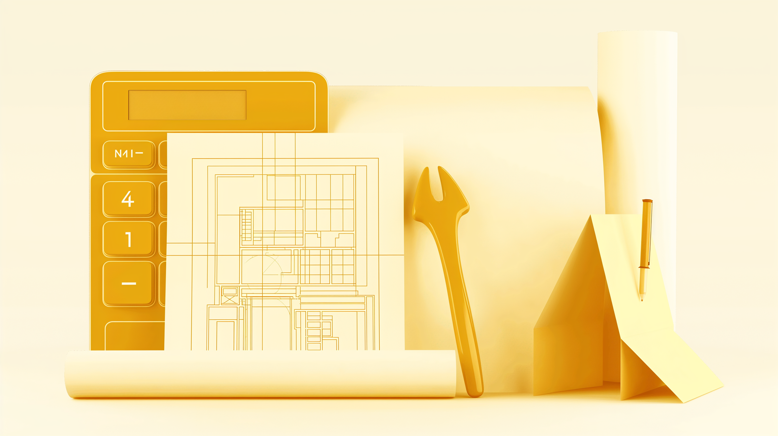 Construction budgeting and bookkeeping tools including blueprints, calculator, and project planning documents