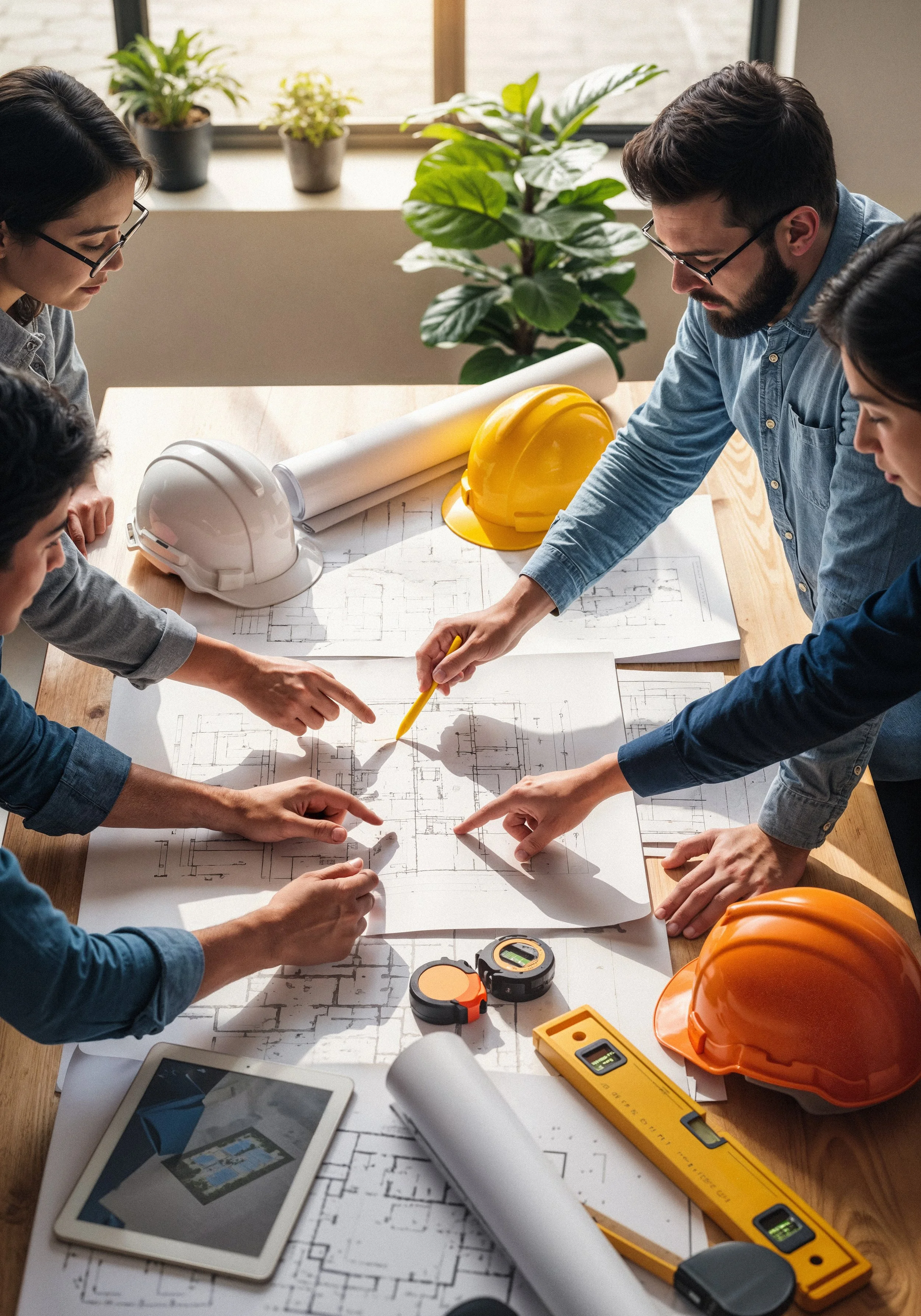 Construction team reviewing project plans and financial documents during a planning meeting