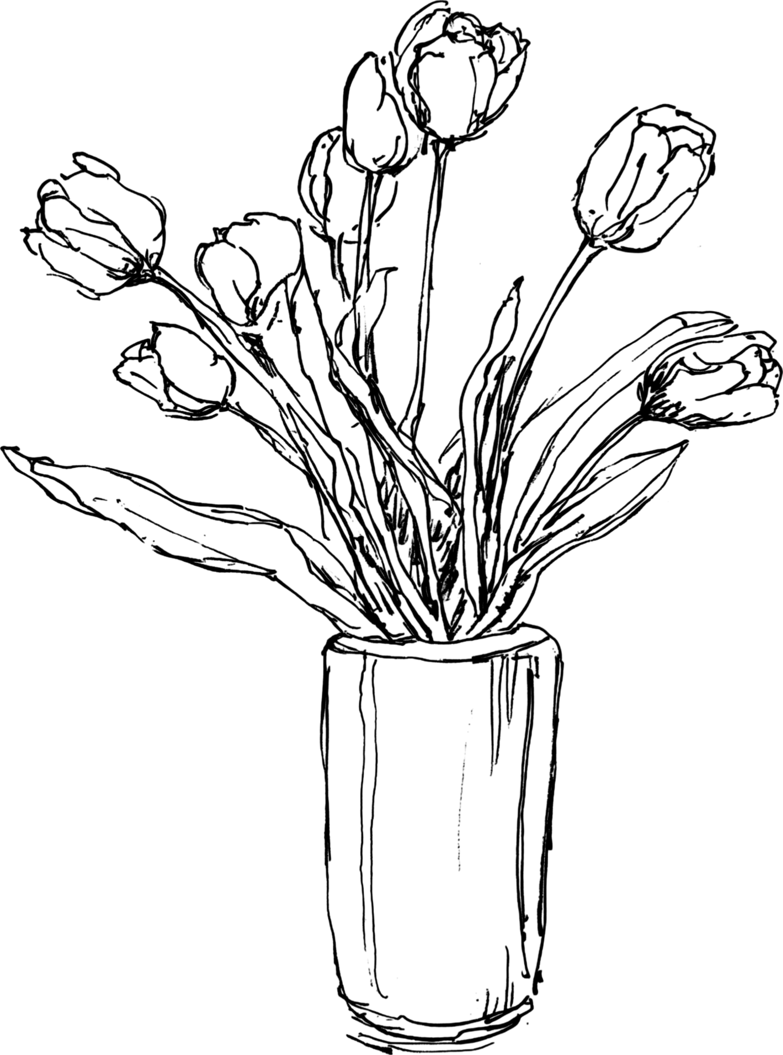 Outline drawing of a bouquet of flowers in a vase.