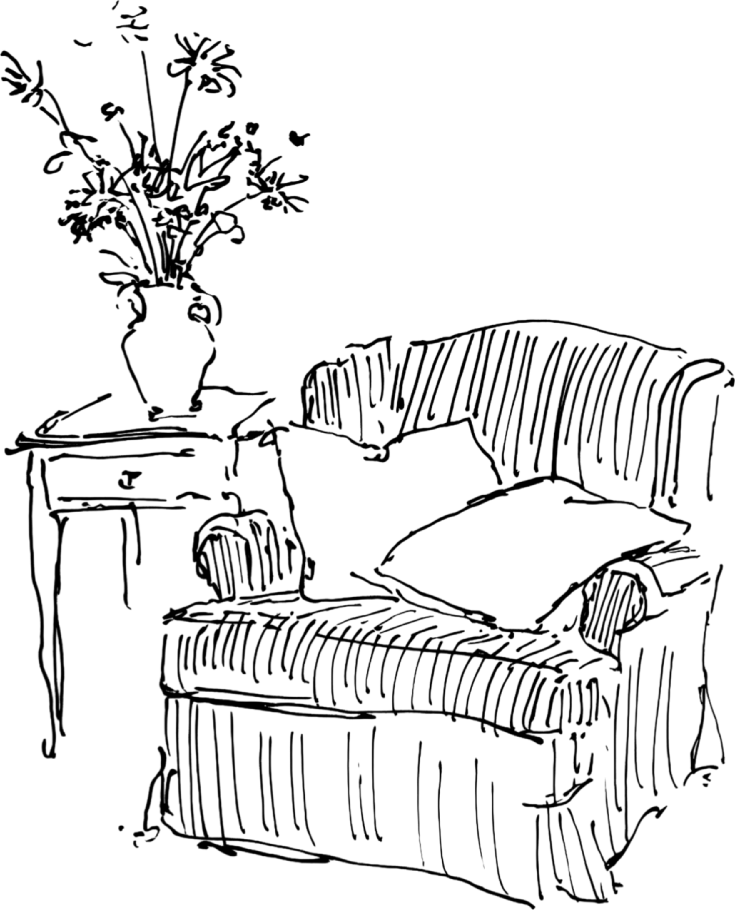 Line drawing of a living room with a striped armchair, a side table, a vase with flowers, a book, and a pillow.