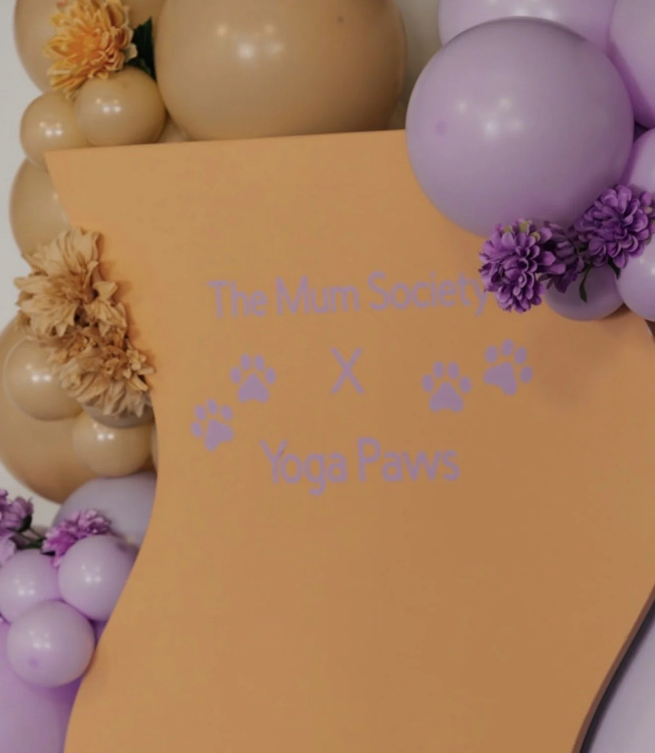 Decorative sign reading 'The Mum Society x Yoga Paws' surrounded by balloon arrangements in beige, purple, and pink, with flowers in peach and purple.