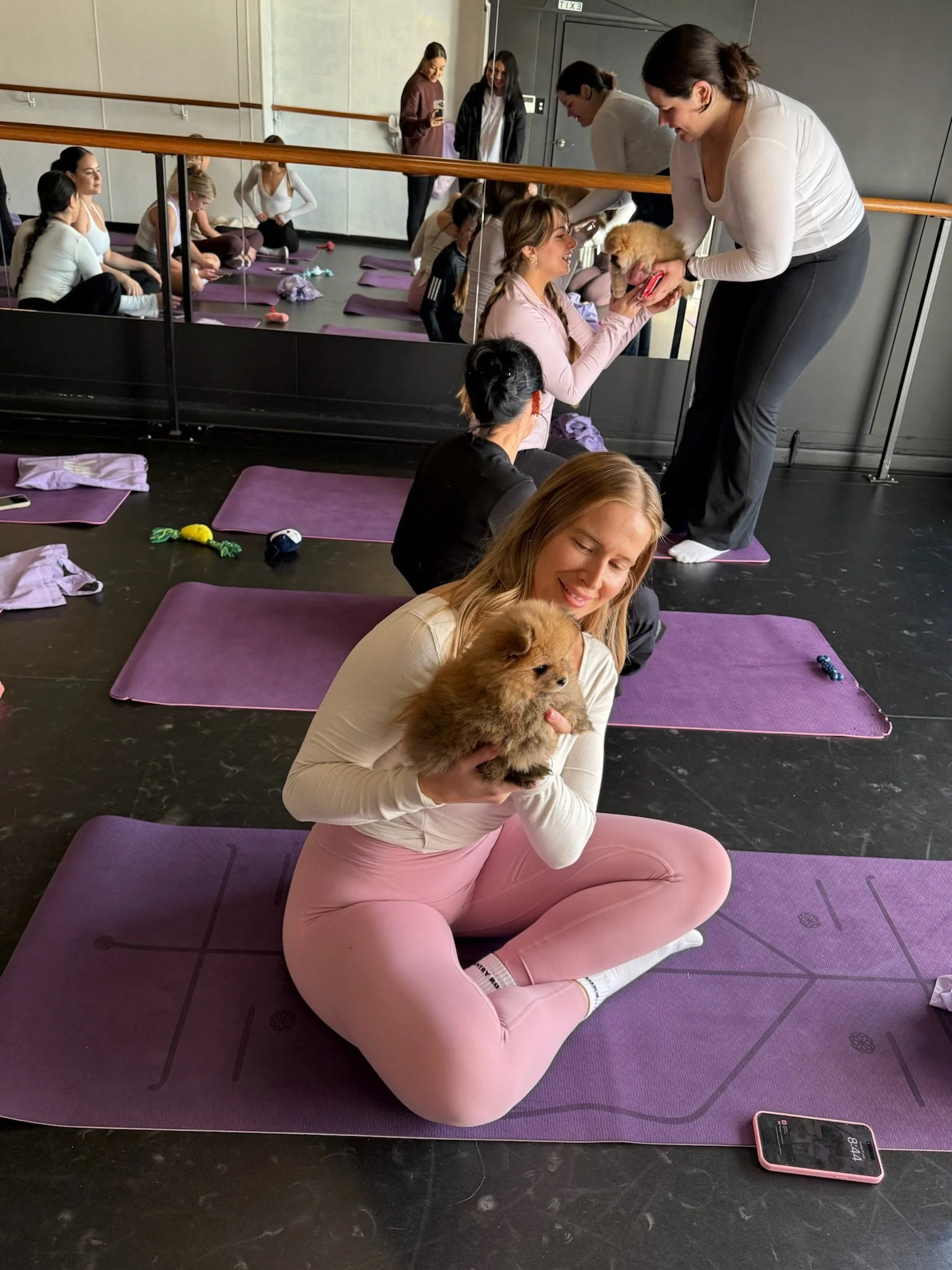Women participating in a yoga class while holding small fluffy puppies on purple yoga mats in a studio, with some women sitting and smiling, and others standing and giving puppies to participants.