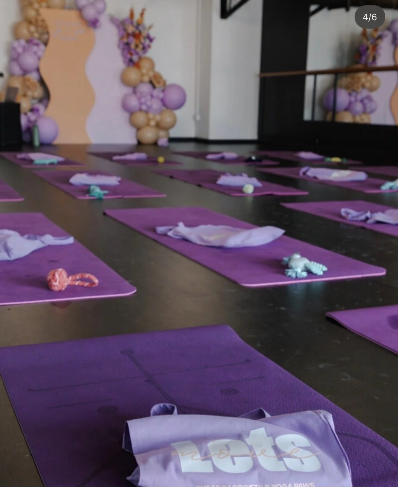Indoor yoga studio with purple mats set up in rows, each with a towel and small items on top, in front of decorated wall with balloon arrangements in shades of purple and beige, and abstract wall art.