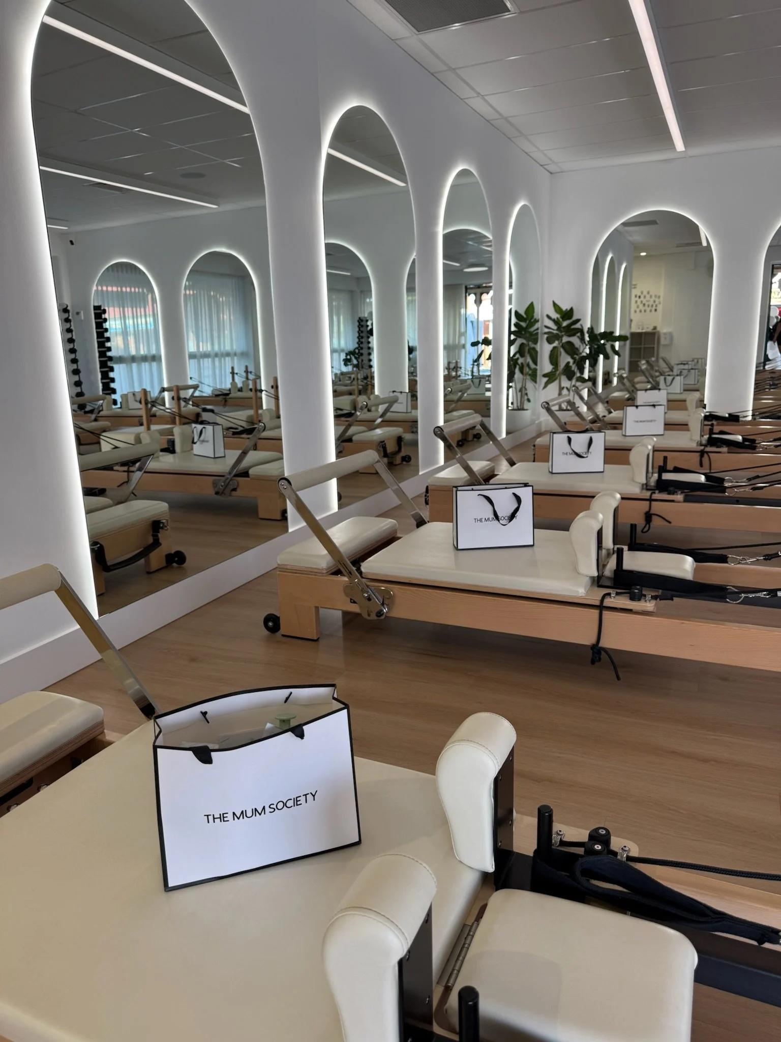 Pilates reformer machines arranged in a spacious, modern fitness studio with a mirrored wall and decorative plants.