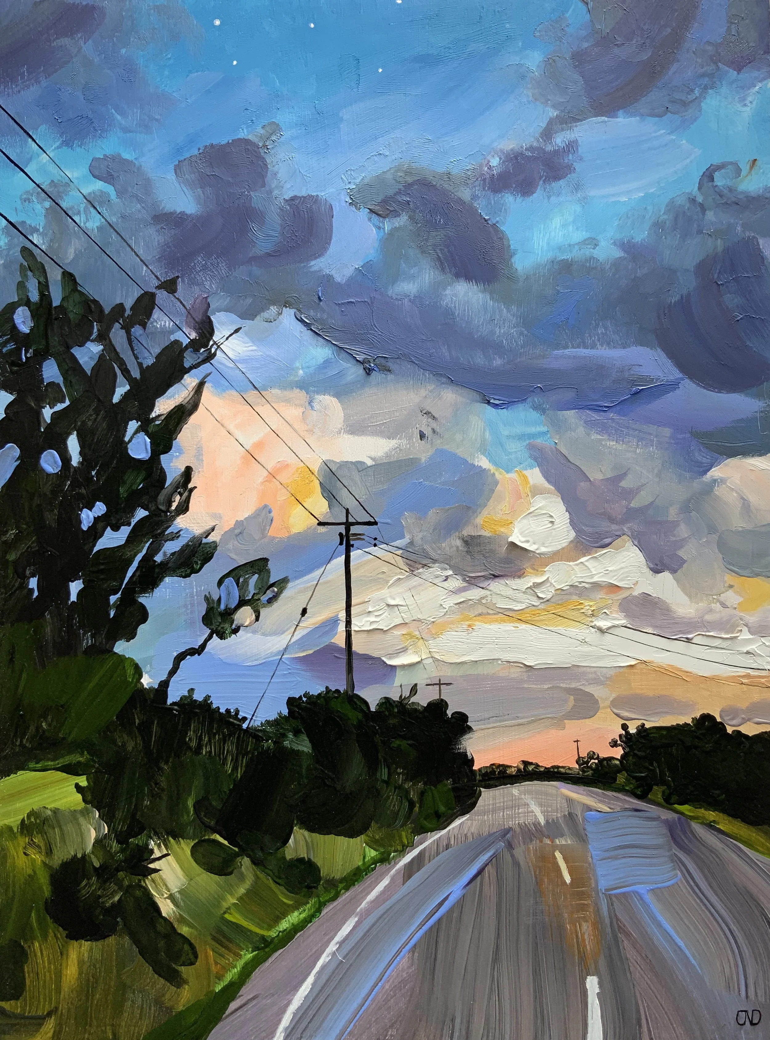 A colorful landscape painting of a rural road at sunset with power lines, trees, and a sky filled with clouds and vibrant sunset colors. By Jen Darcy