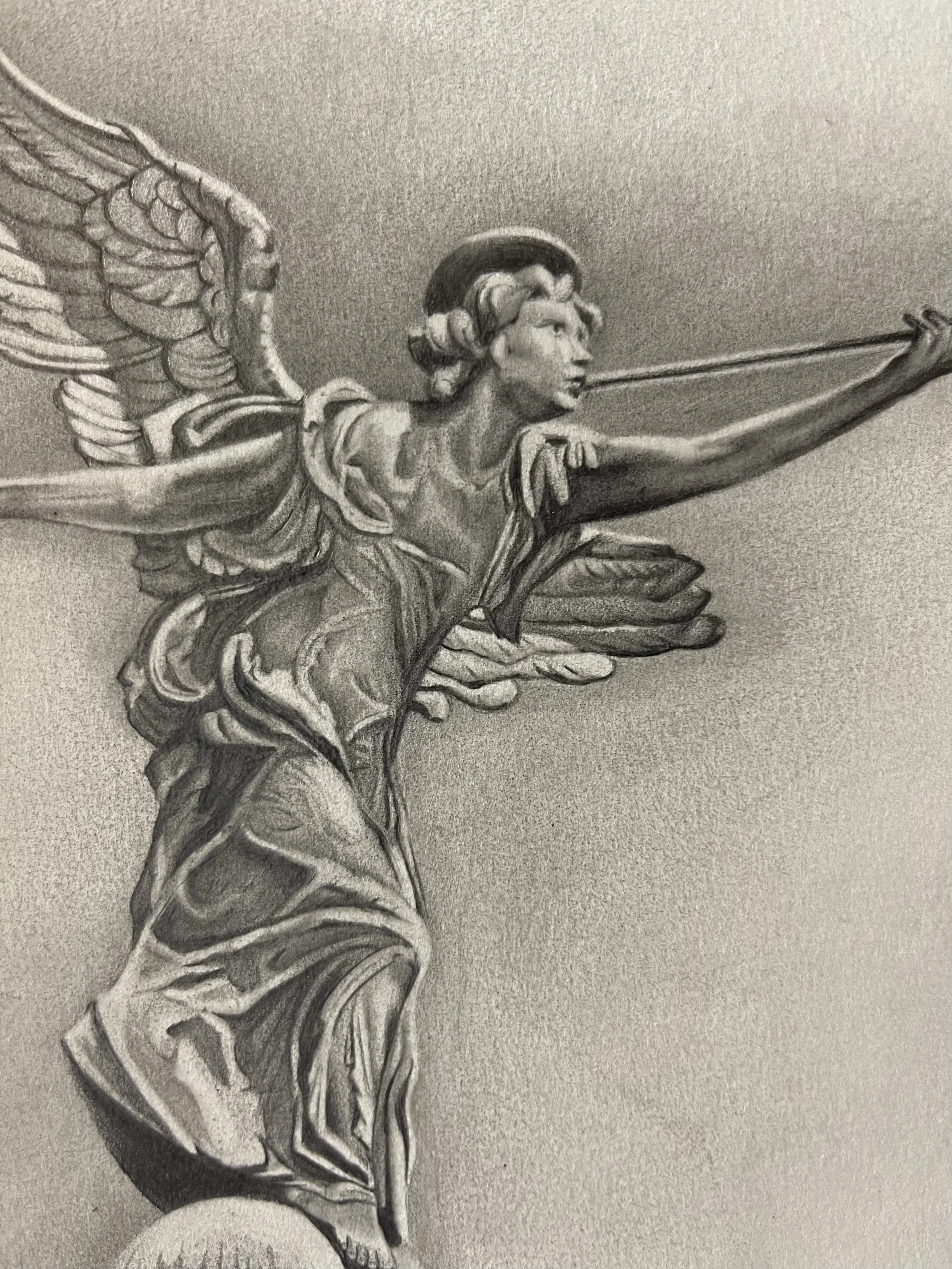 A detailed grayscale drawing of an angel taking a dynamic pose, holding a spear in her right hand, with flowing robes and large wings behind her. By Jen Darcy