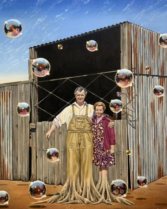 Painting of a man and woman standing together in front of a weathered wooden barn, surrounded by floating bubbles on a blue sky background. By Jen Darcy
