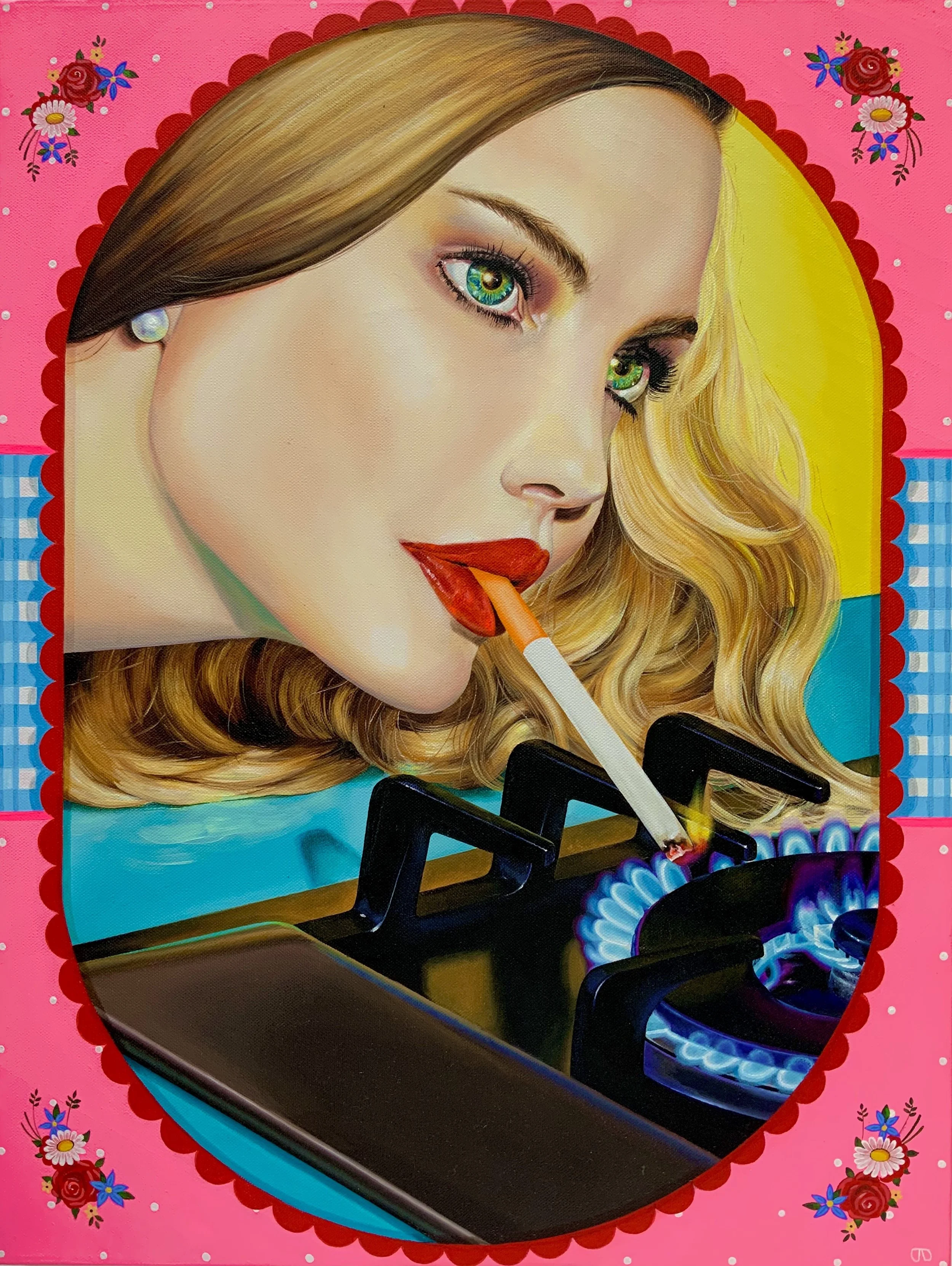 Retro 1950's woman smoking a cigarette painting