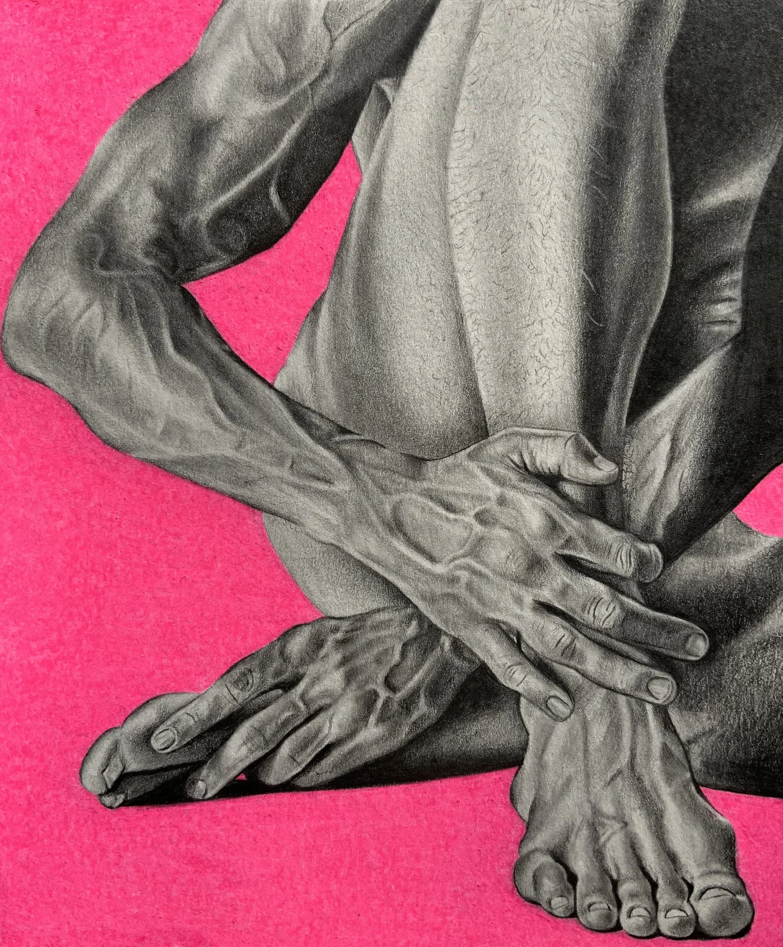 Graphite Hands and Feet Drawing with Hot Pink Background