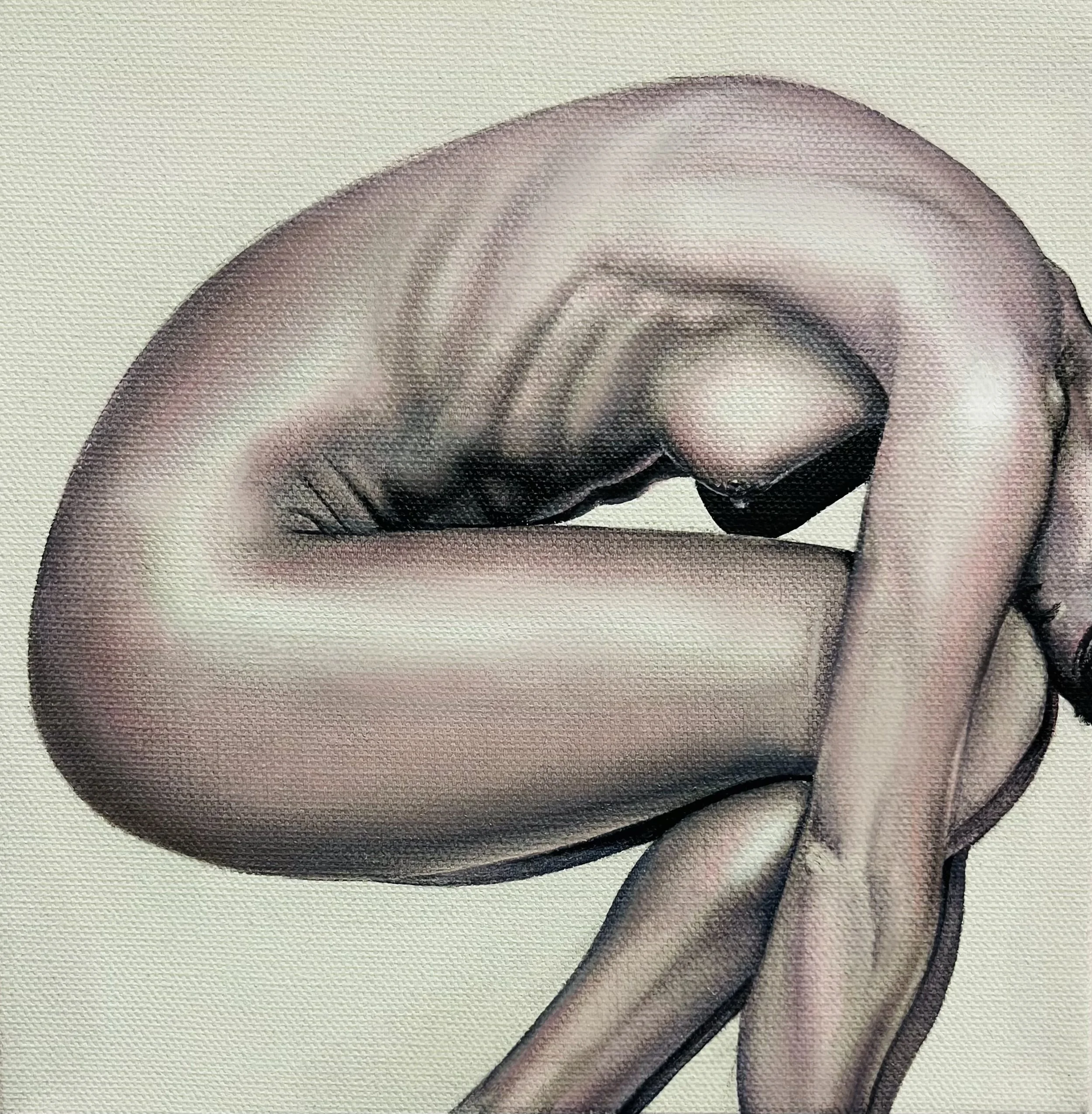 Close-up of a person with metallic-looking skin, curled into a fetal position, with their head resting on their knees. By Jen Darcy