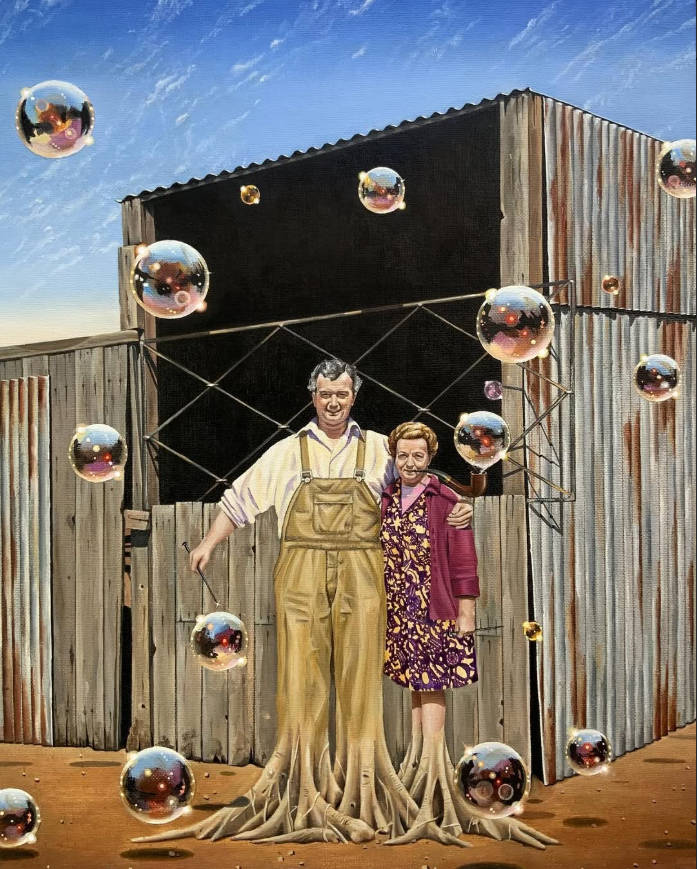 Abstract painting with older couple and bubbles