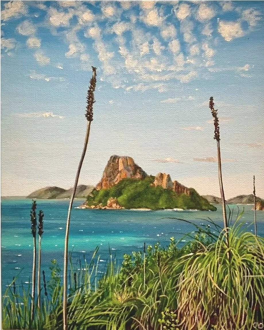 Painting of a tropical island with a green hillside, rocky formation, surrounded by blue ocean, under a partly cloudy sky, with tall grasses and lavender flowers in the foreground. By Jen Darcy