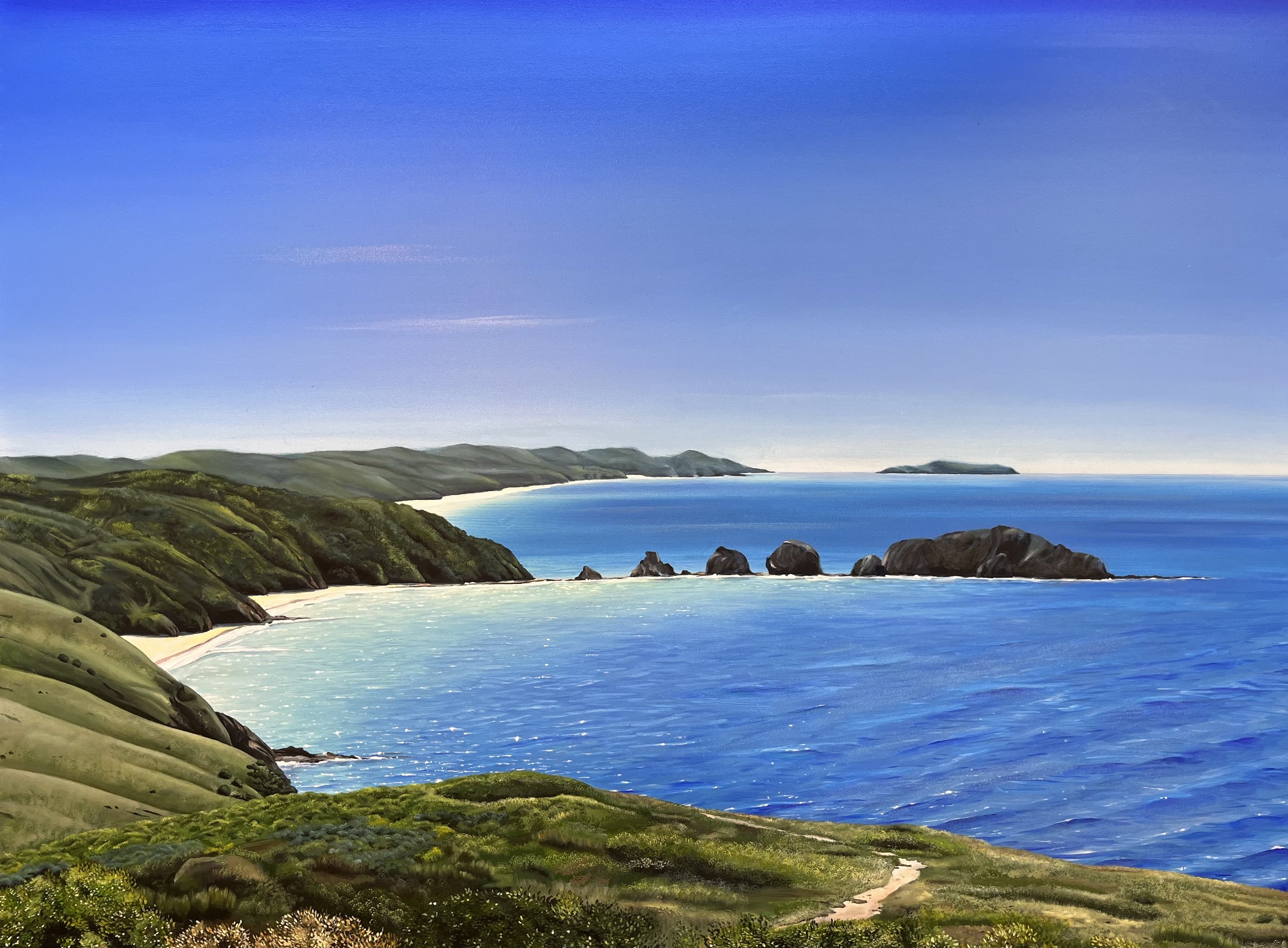 Rocks on the beach painting blue sky