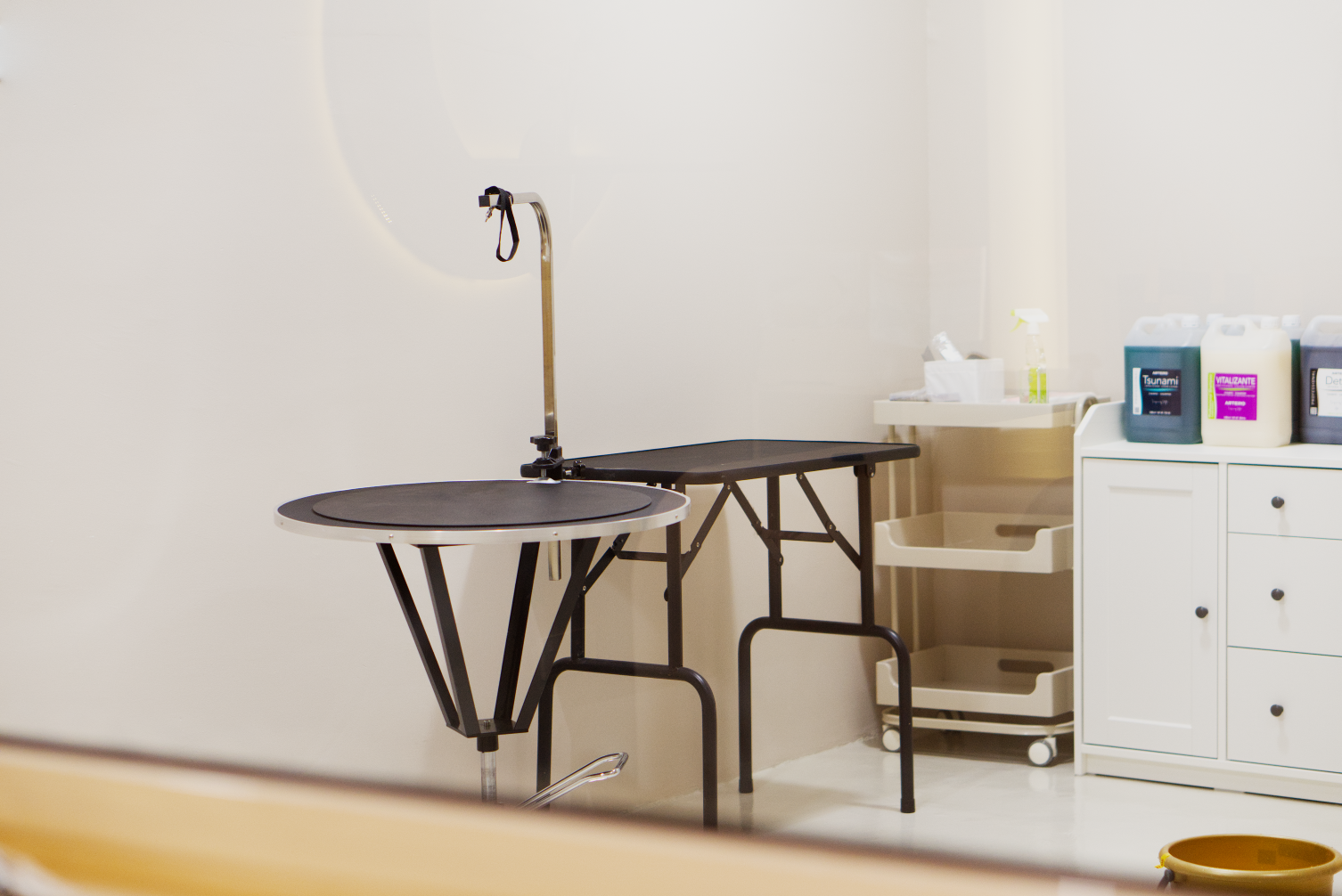 Professional grooming tables and high-quality tools at Pet Atas, used for precision styling like Pomeranian shaping and light scissor cuts.