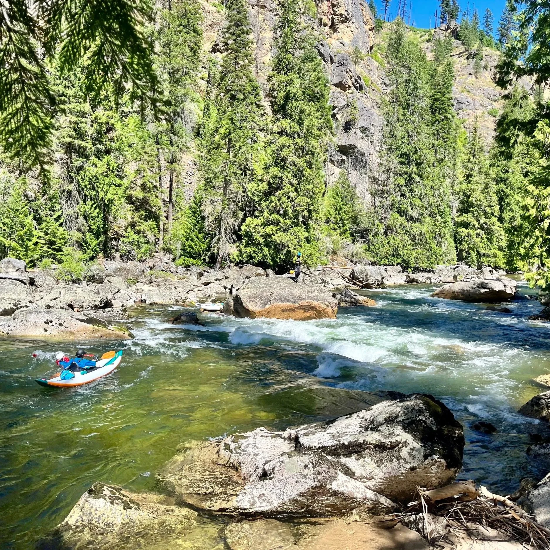 An inflatable kayak in the sun heading into Goat Creek Rapid on the Selway River, surrounded by large rocks and towering evergreen trees.