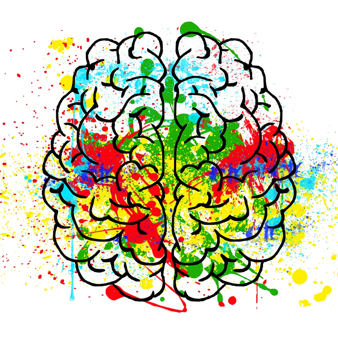 A colorful artistic illustration of a human brain with black outline and splashes of yellow, red, green, blue, and white paint against a black background.