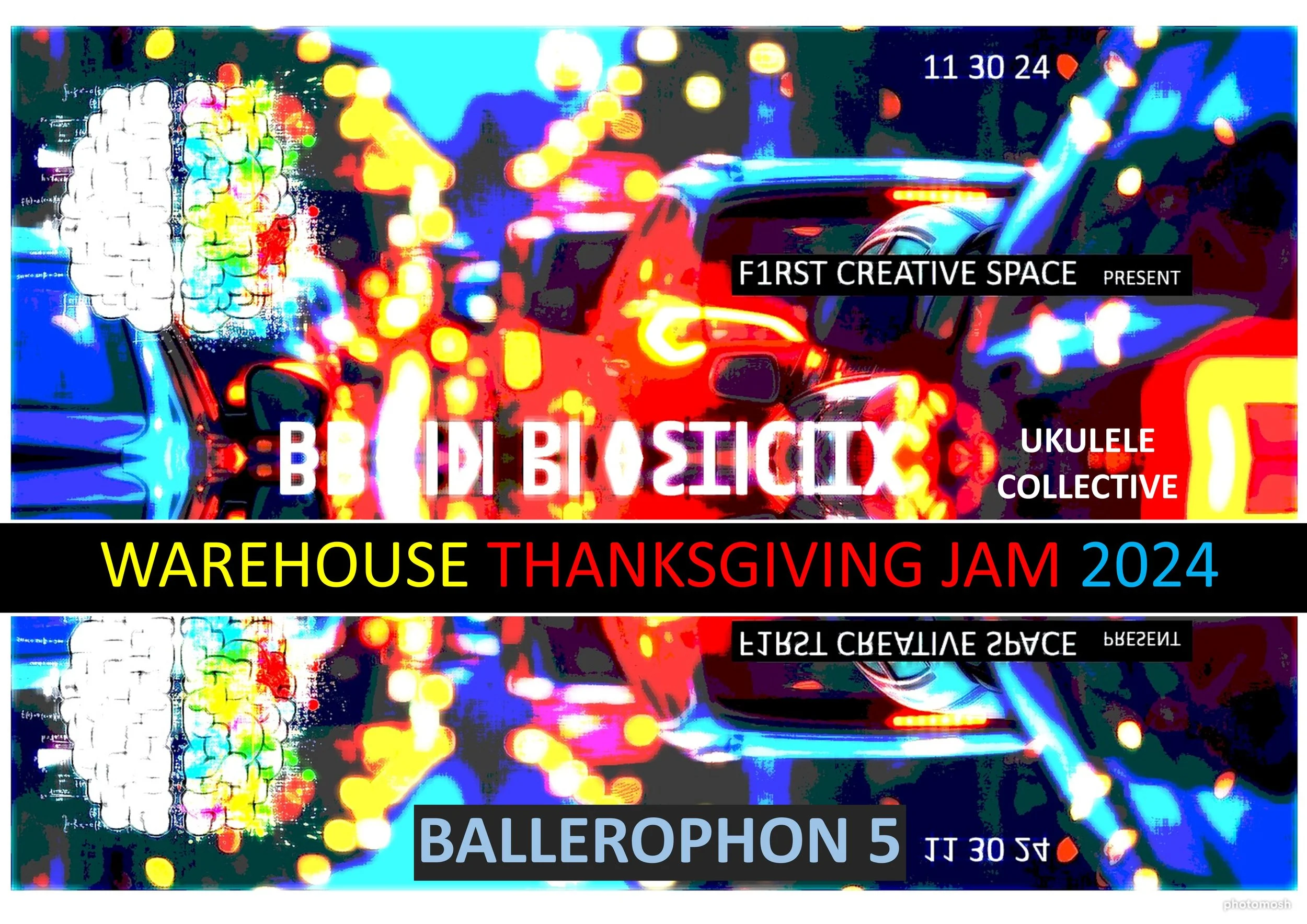 Brightly colored digital graphic promoting a Warehouse Thanksgiving Jam 2024 event, featuring overlapping images of cars and blurred lights, with text overlay including event details and the names of organizers.