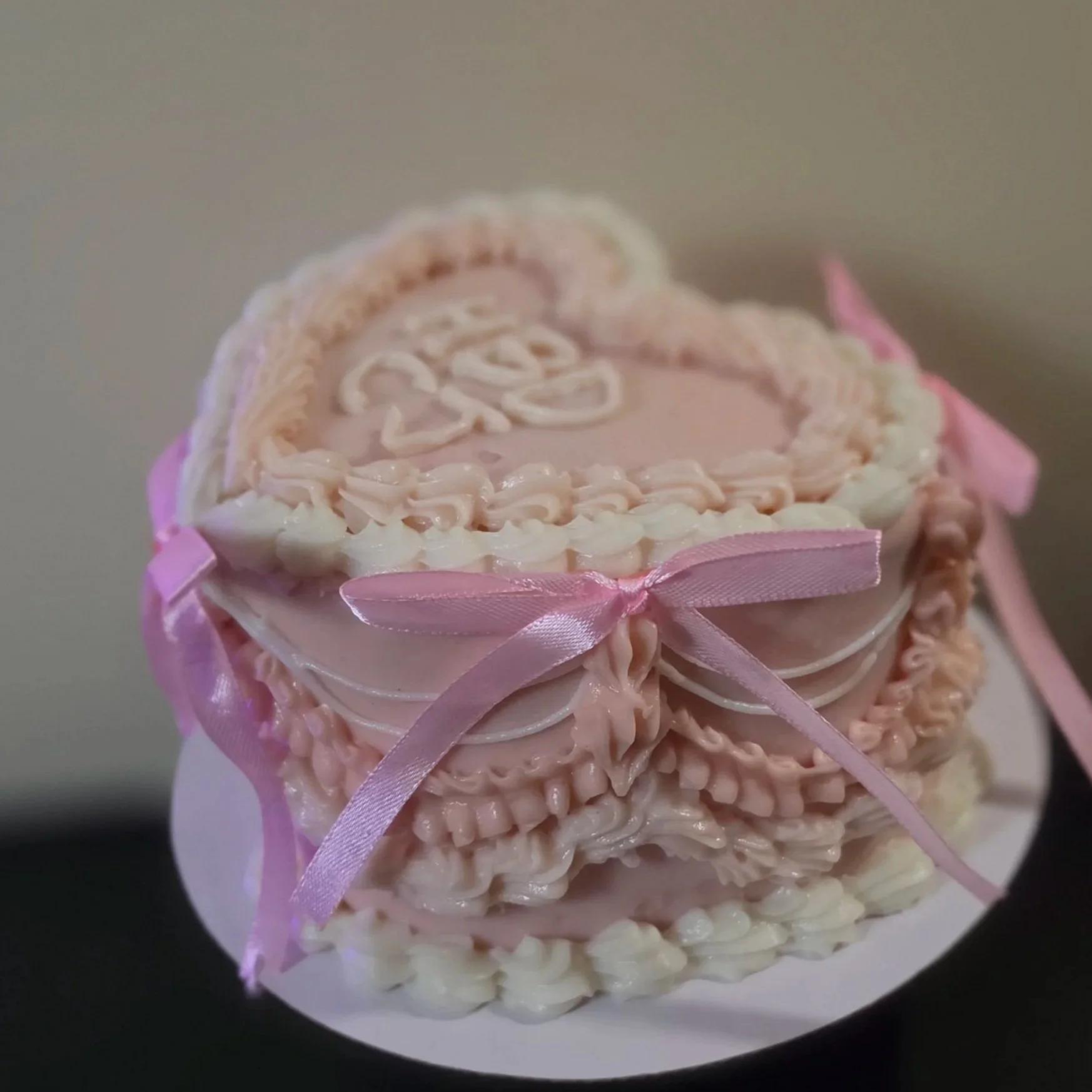 Lettering · Vintage 
6 inch · Heart · Baby Pink Base, White Piping & Light Pink Ribbons

Peanut Butter Carrot Cake: $43
Gentle Tummy MooMoo Cake: $58