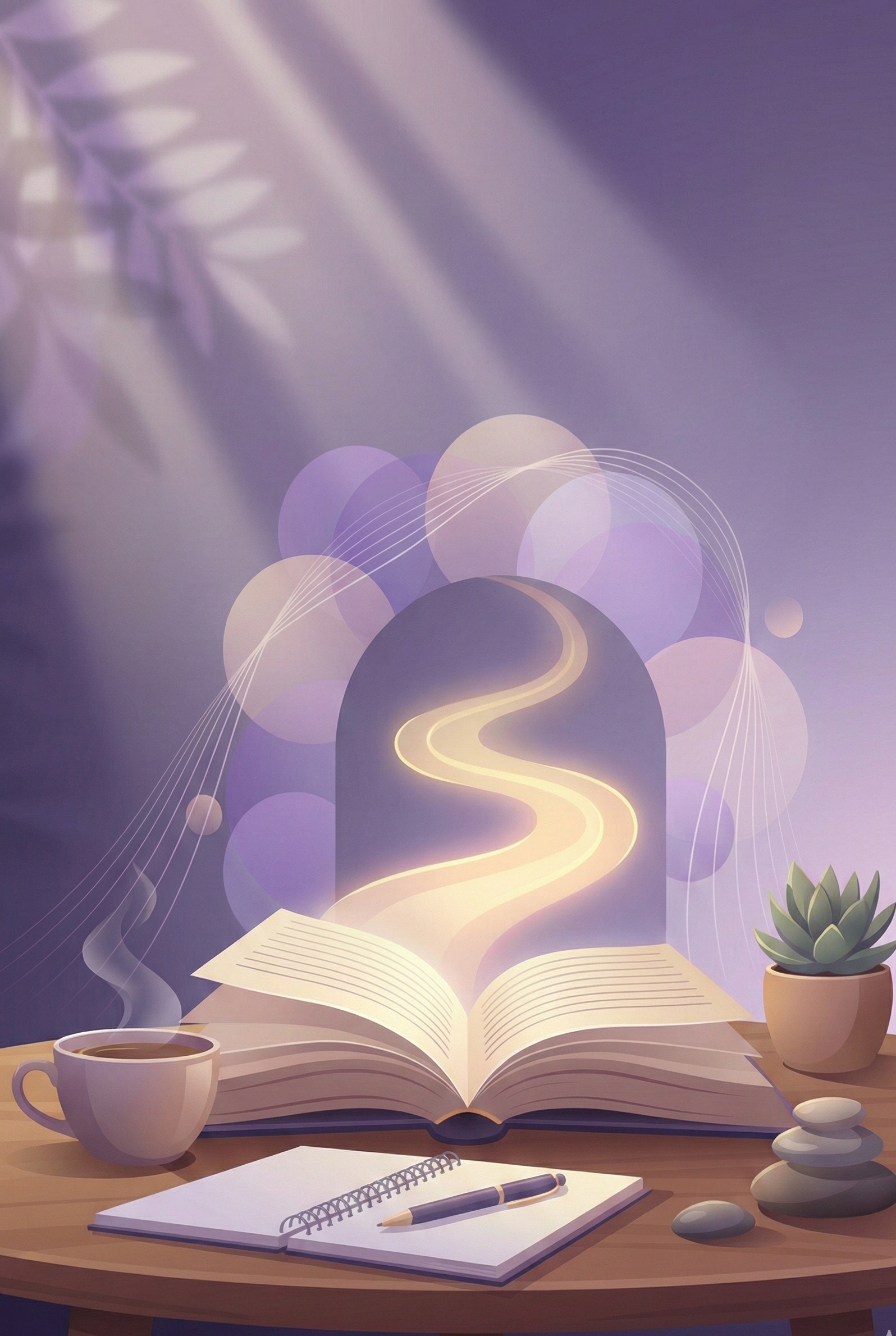 A stylized digital illustration of an open book with glowing pages on a wooden table, surrounded by a cup of coffee, a succulent plant, a notebook with a pen, and a small stack of stones. In the background, there is an arched window with a winding path leading into a dreamy, purple-lit landscape with floating orbs and star-like lines.