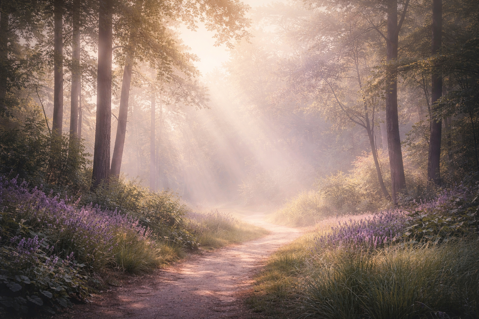 A forest trail bathed in morning sunlight with tall trees and purple flowers along the path.