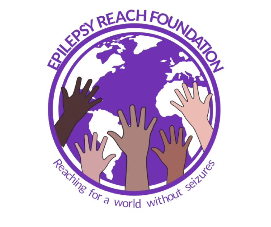 Illustration of a world map with multiple raised hands of different skin tones reaching out. The image includes the text "Epilepsy Reach Foundation" at the top and "Reaching for a world without seizures" at the bottom, all in purple.
