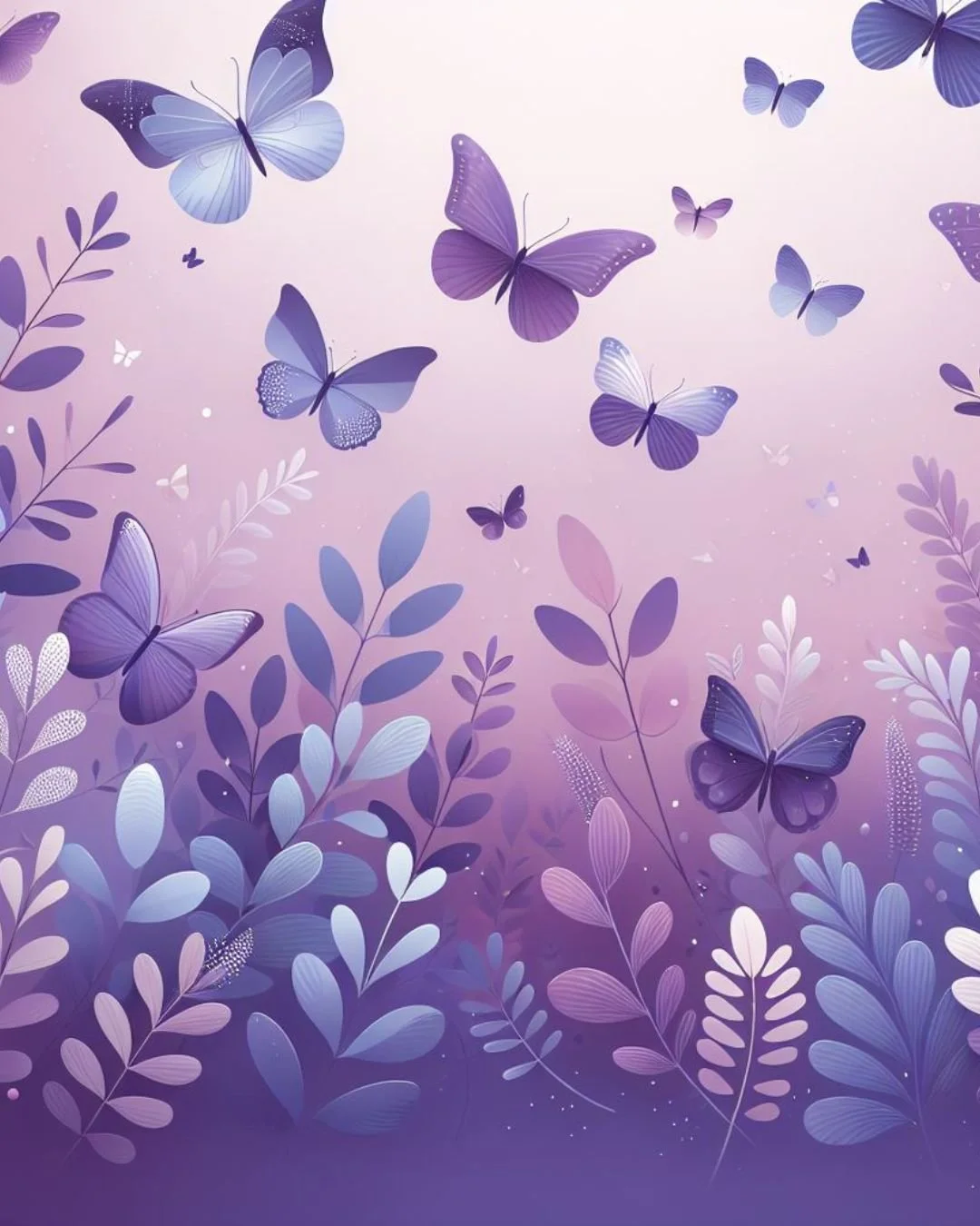 Illustration of purple and blue butterflies flying among purple and lavender leaves and branches against a soft gradient background.