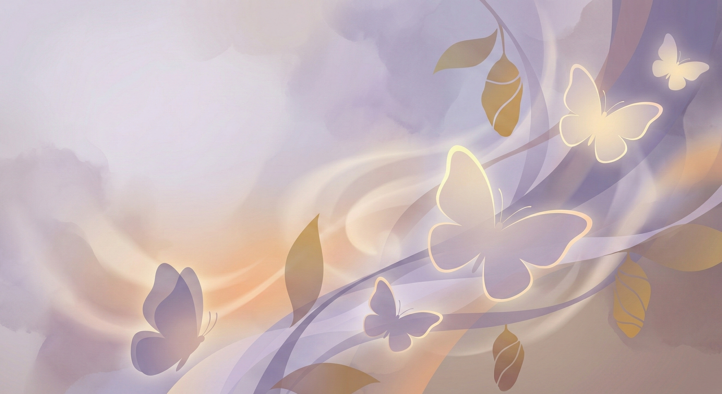Soft pastel-colored abstract background with glowing butterfly outlines and leaves, resembling a dreamy sky scene.
