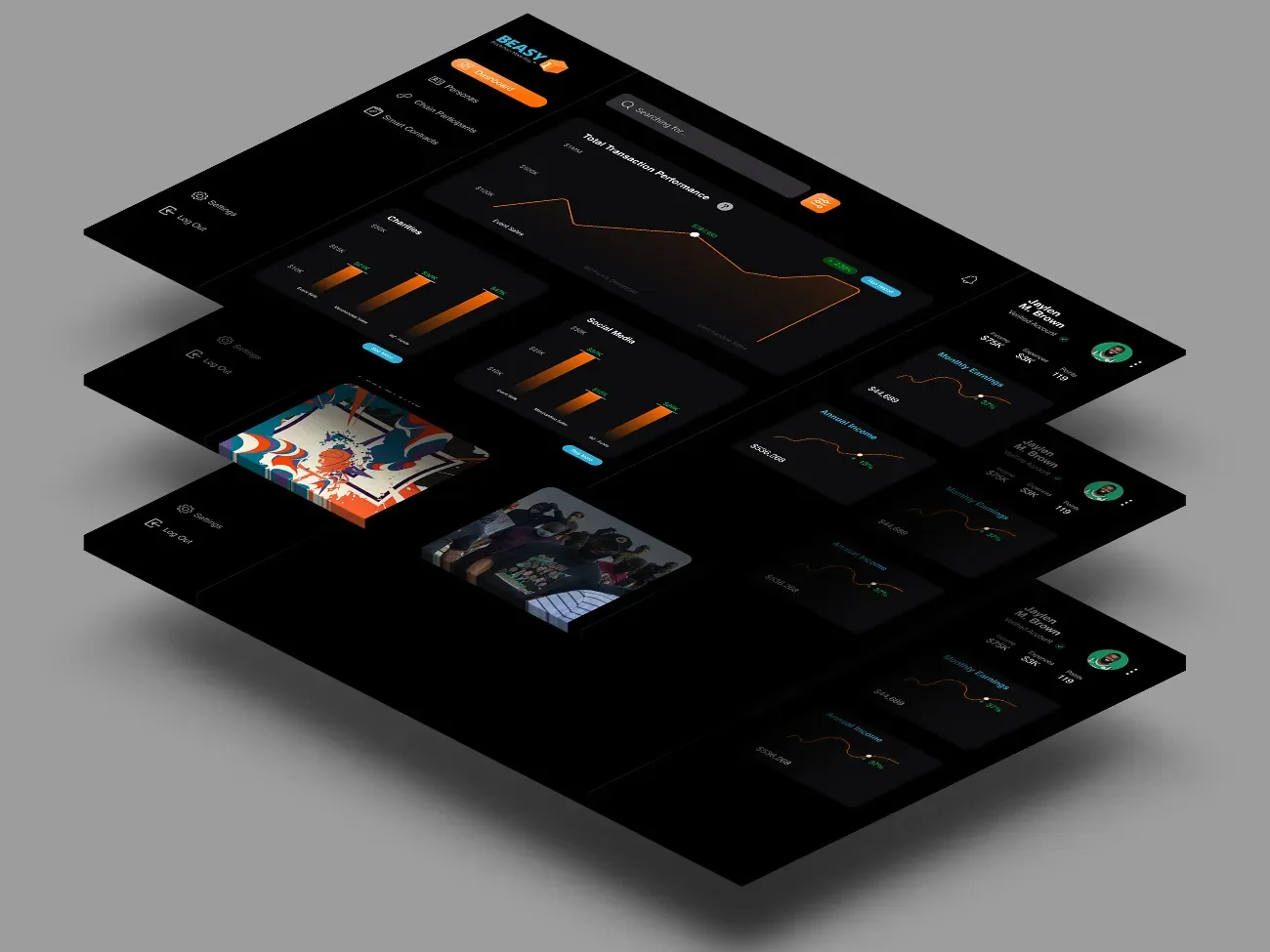 A digital dashboard with dark theme displaying charts, graphs, and statistics for financial or business analytics.