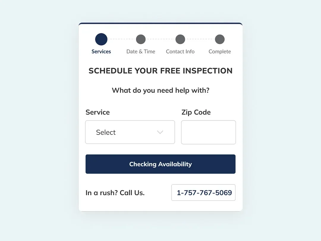 Online appointment scheduling form for a free inspection, with fields for service selection, zip code, and a phone number for urgent calls.