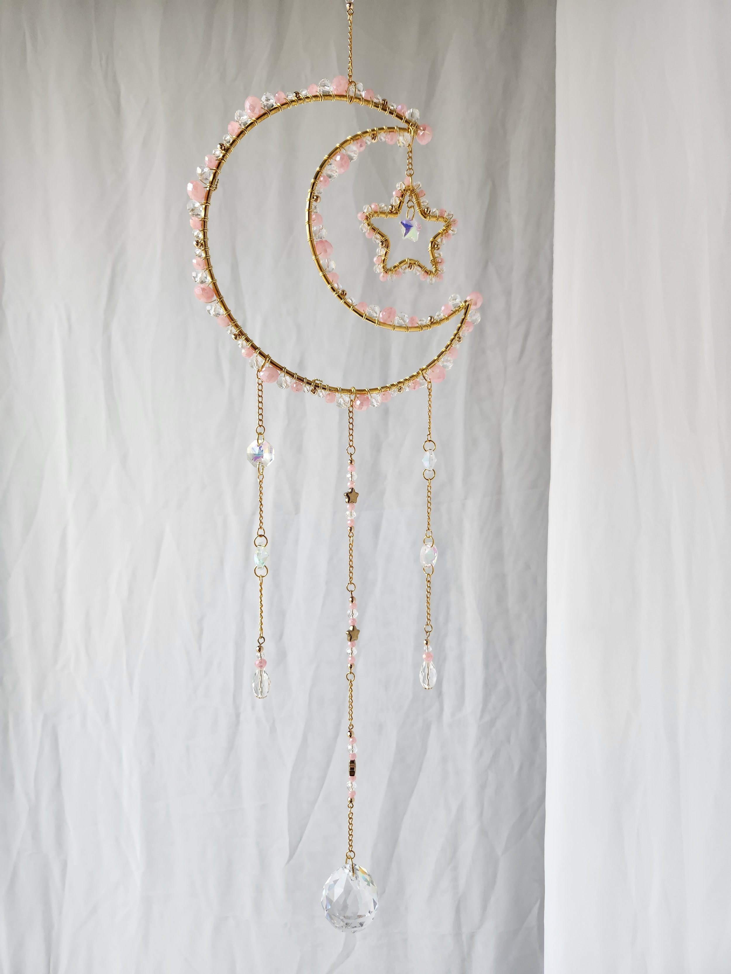 Light Pink, Gold, and Clear Crystal Moon Sun Catcher