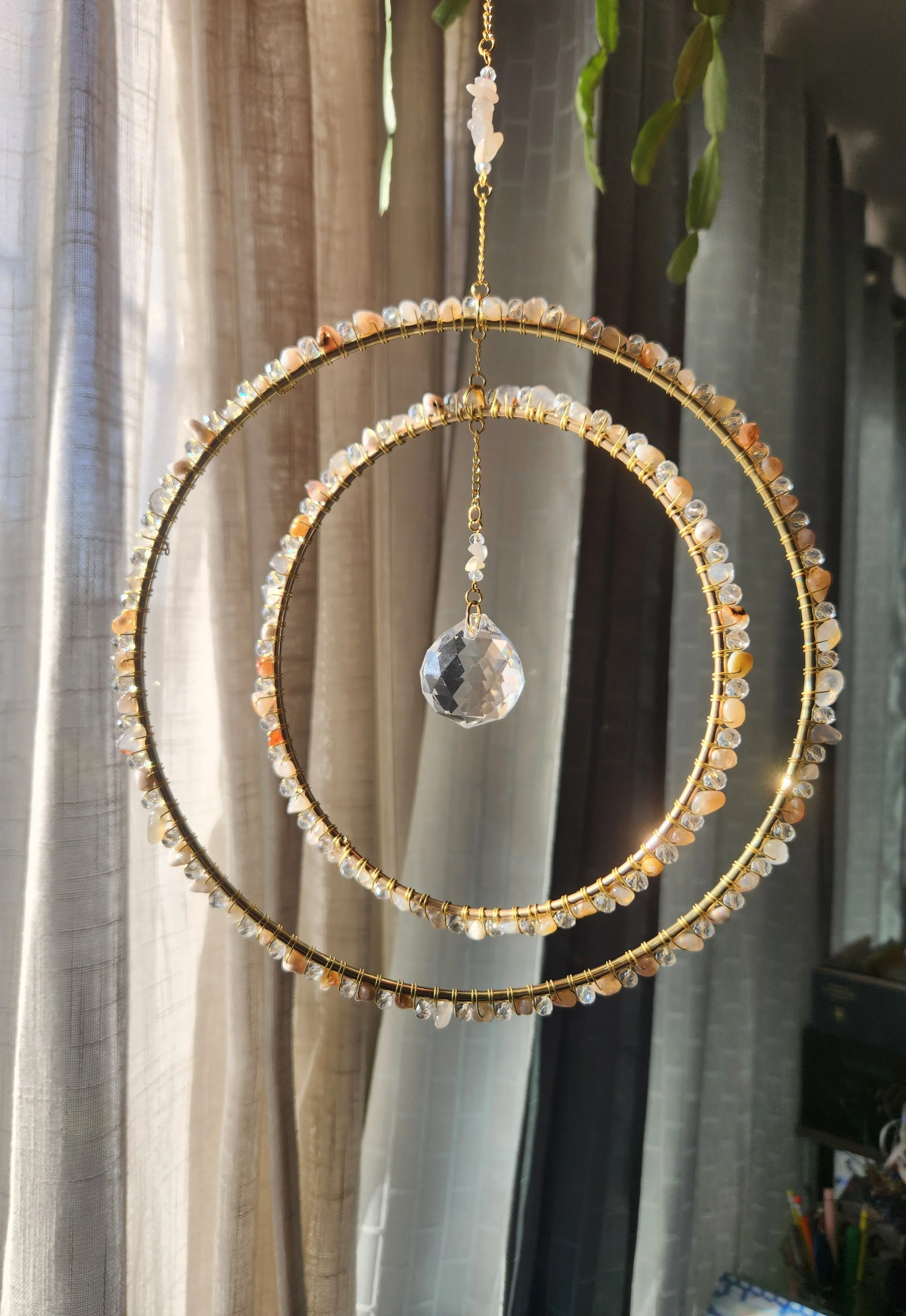 Flower Agate Stone and Clear Crystal Double Ring Sun Catcher