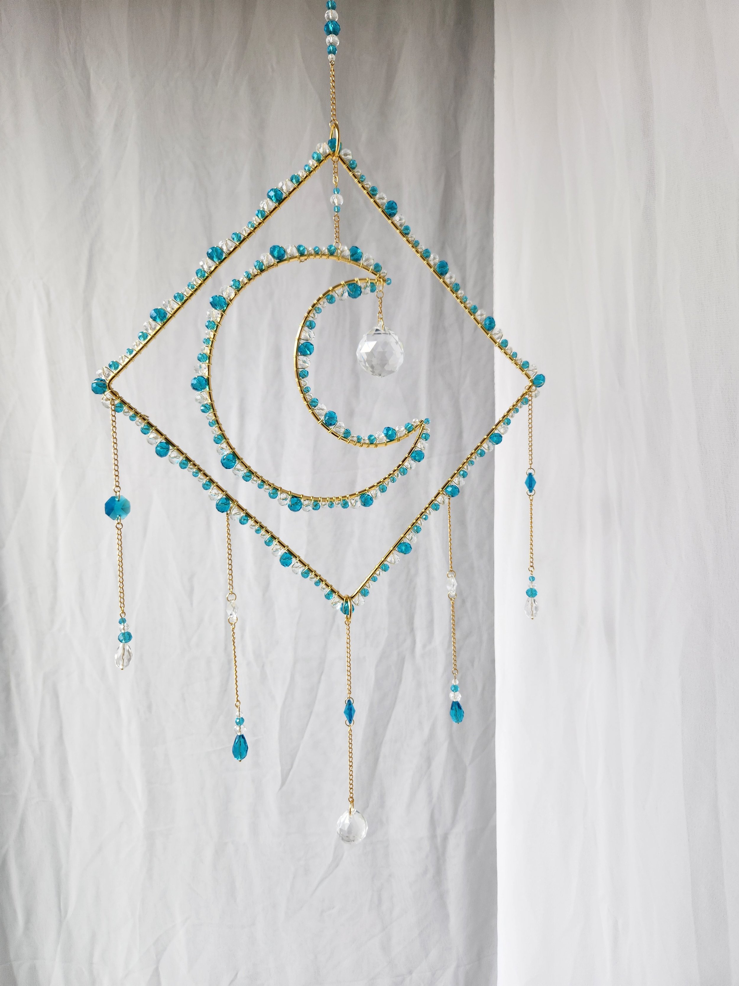 Aqua Blue and Clear Crystal Moon/Diamond Sun Catcher