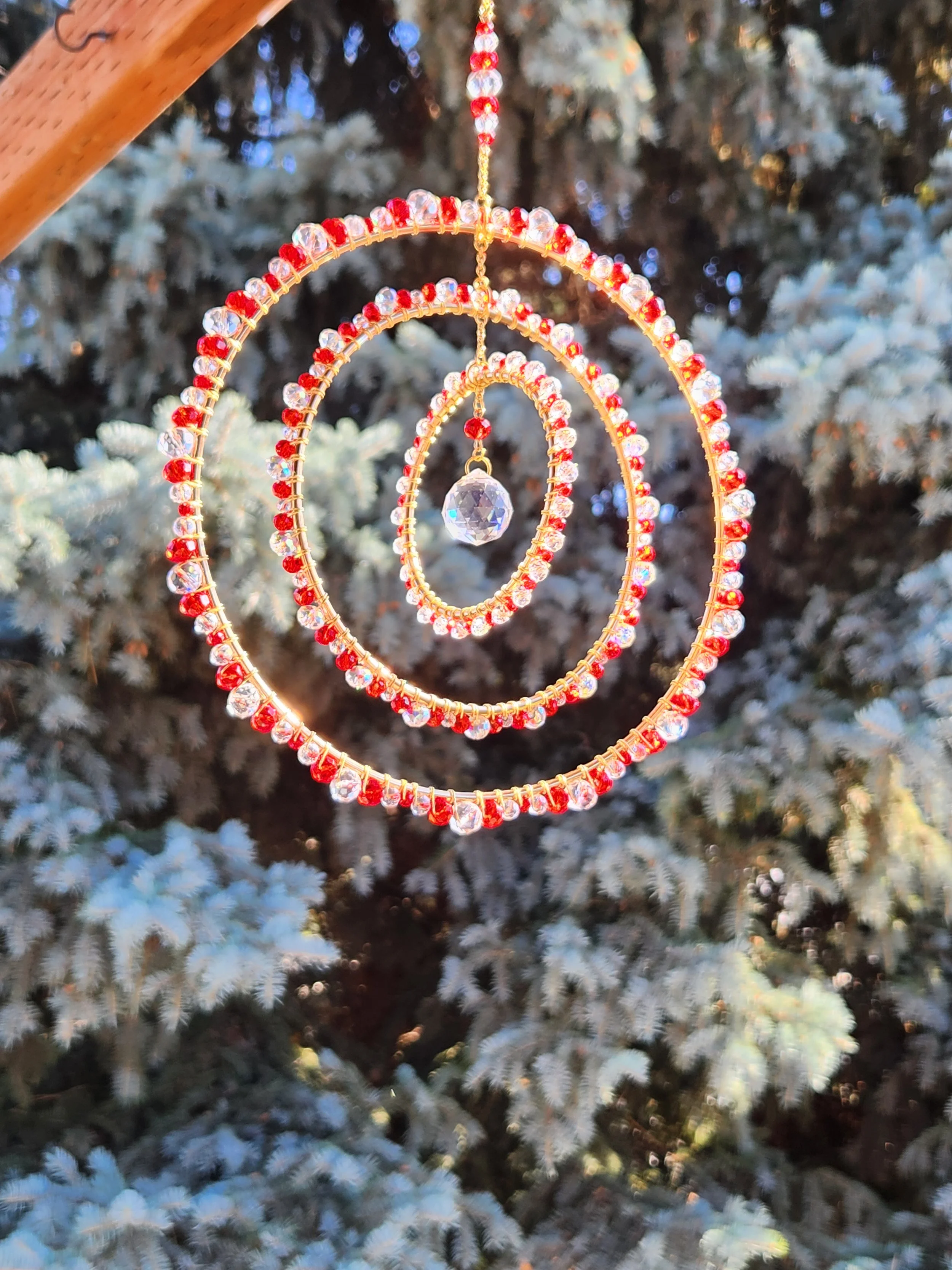 Three Ring, Red, and Clear Crystal Beaded Sun Catcher