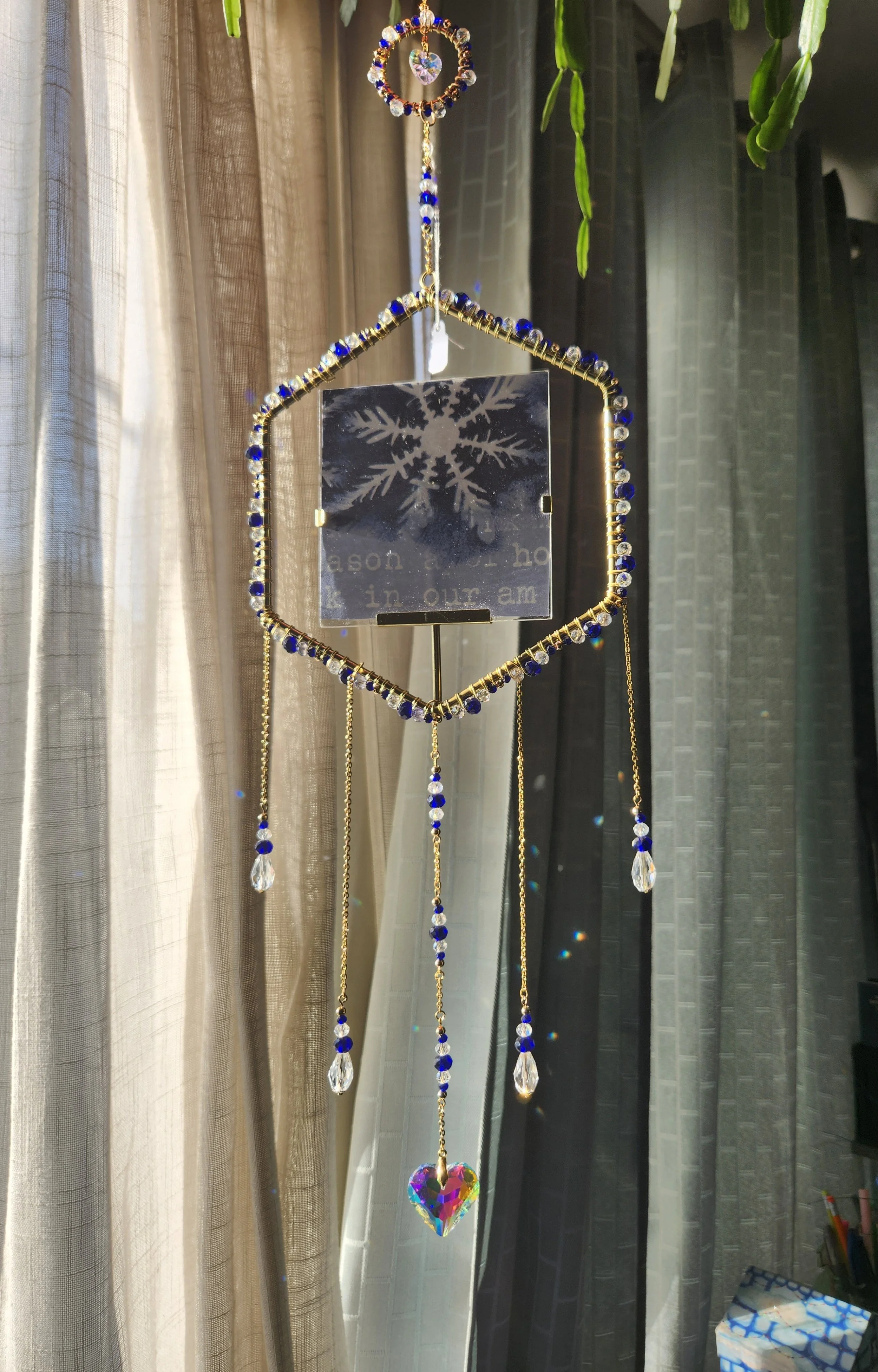 Dark Blue, Gold, and Clear Crystal Two Tier Hexagon Picture Frame Sun Catcher