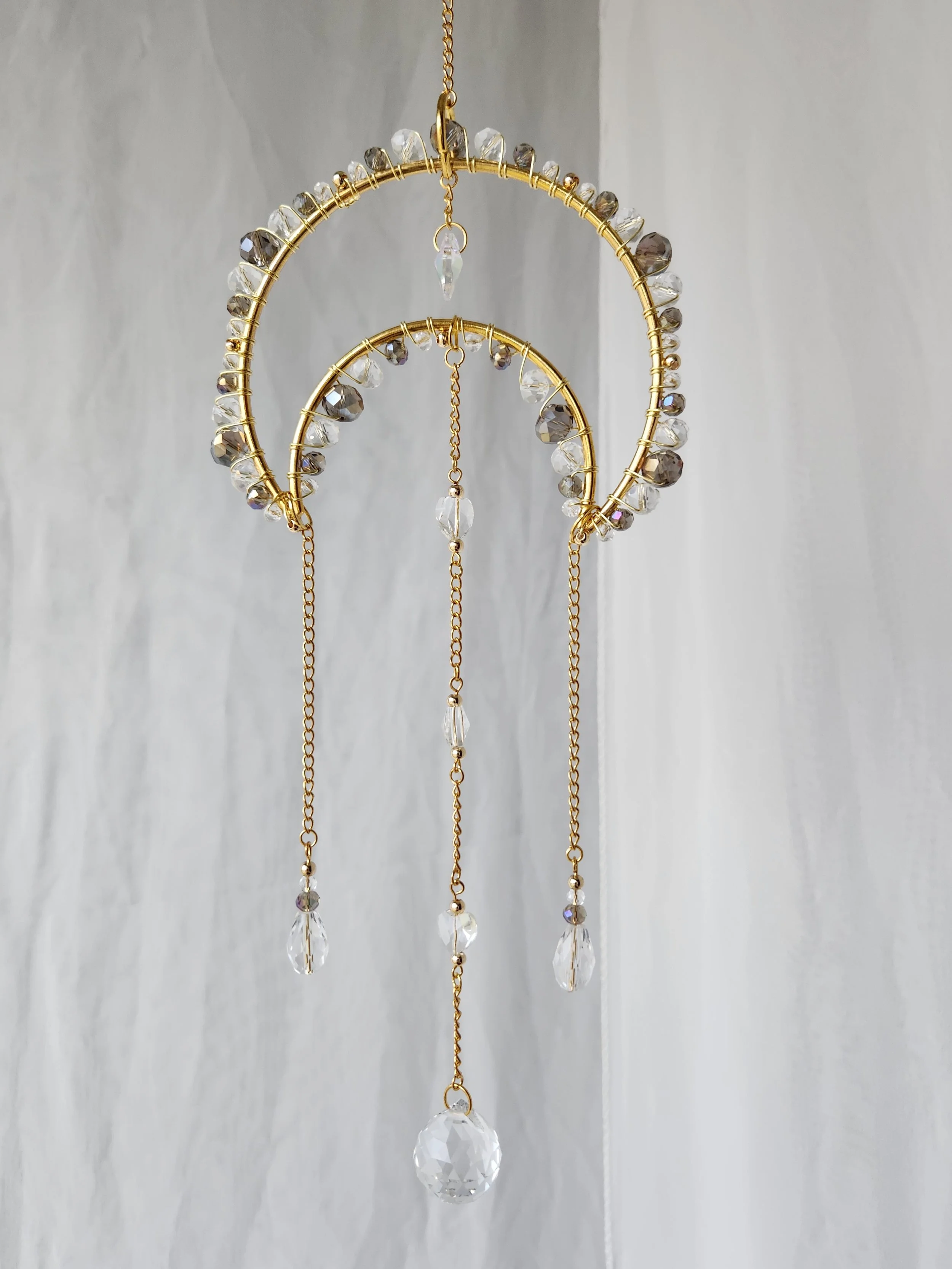 Grey Iridescent, Gold, and Clear Crystal Moon Sun Catcher (Small)