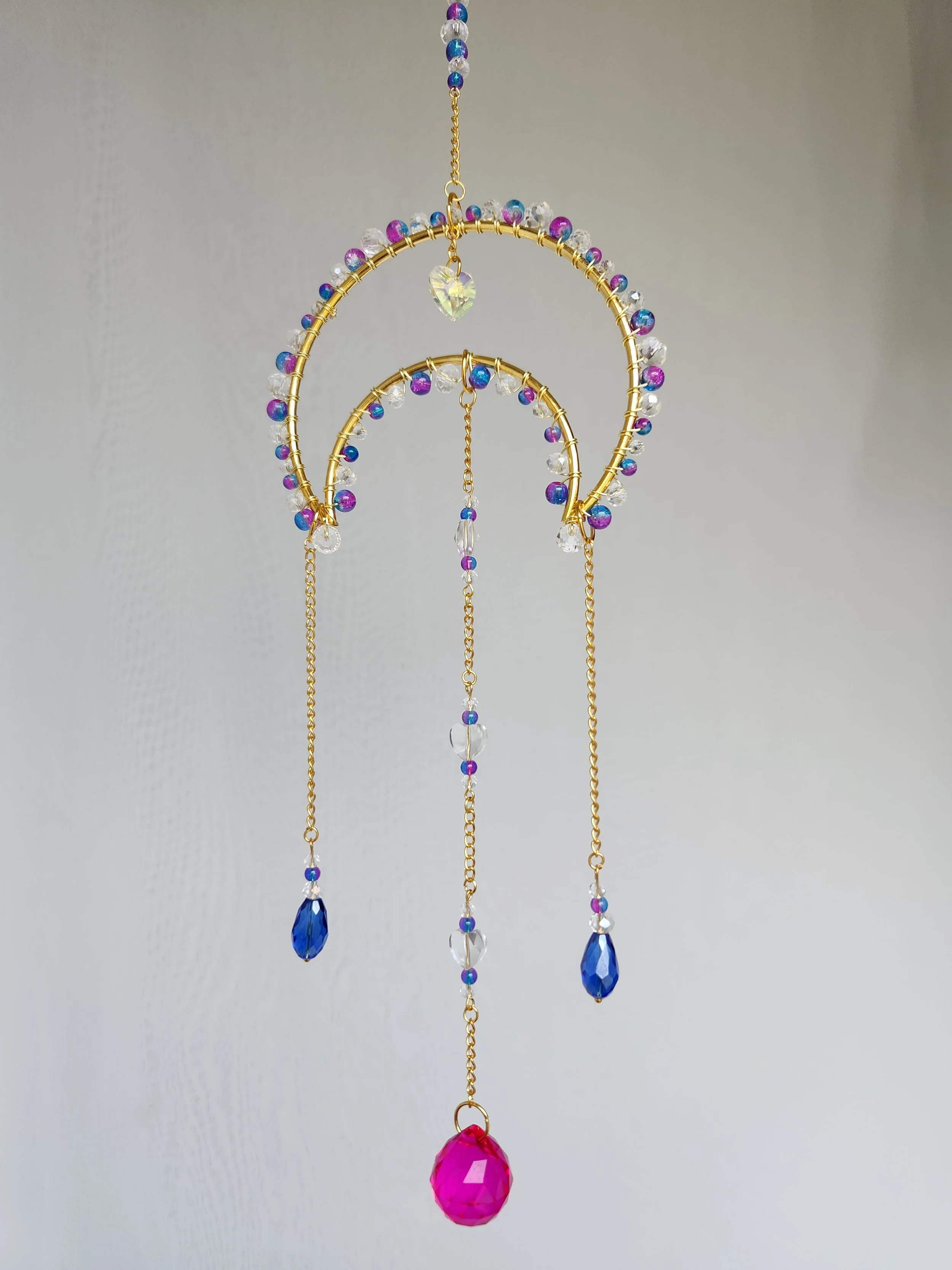 Blue/Pink Cracked Lamp Glass and Clear Crystal Moon Sun Catcher (Small)