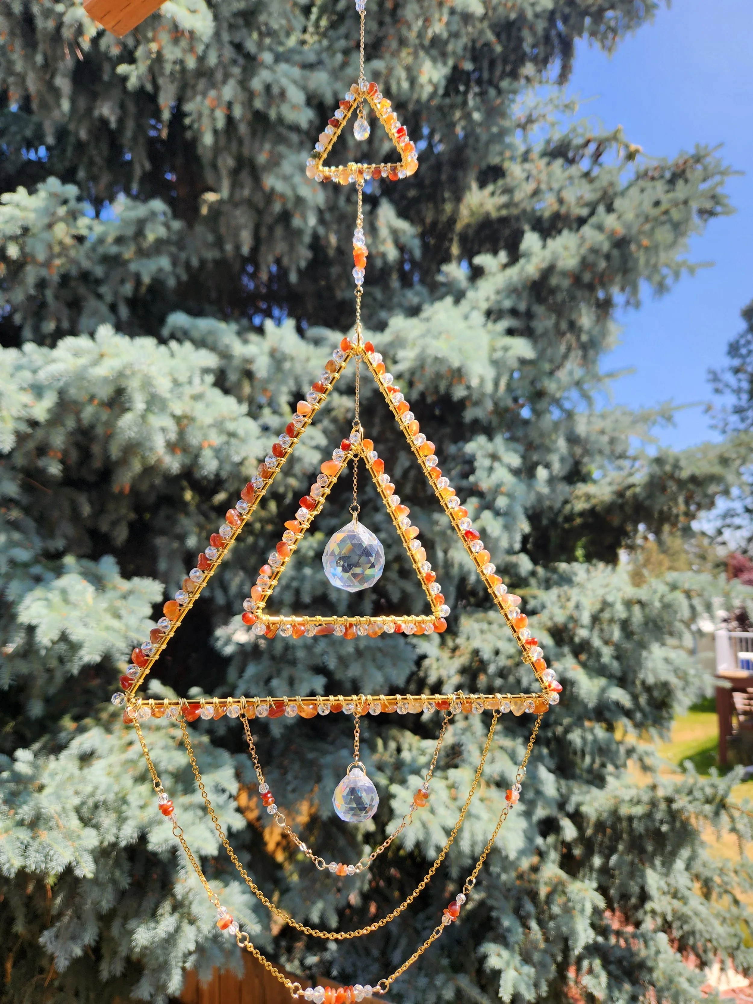 Carnelian Stone and Clear Crystal Two Tier Triangle Sun Catcher