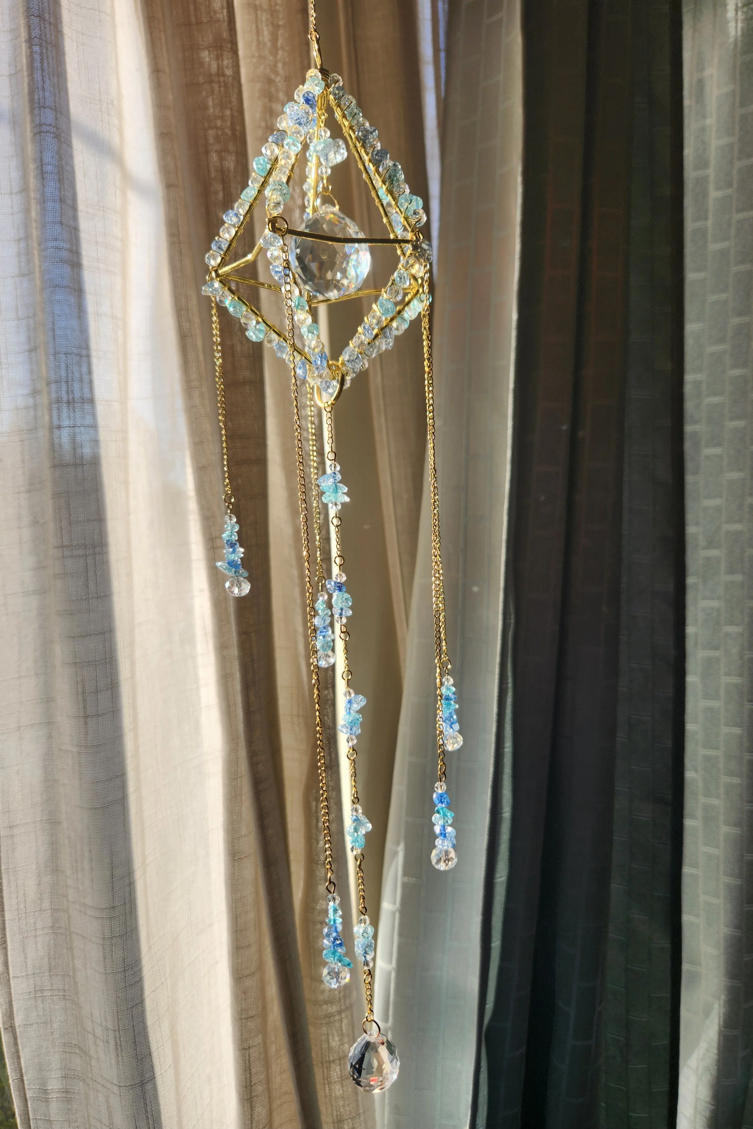 Cracked Blue Aqua Quartz and Clear Crystal Prism Sun Catcher