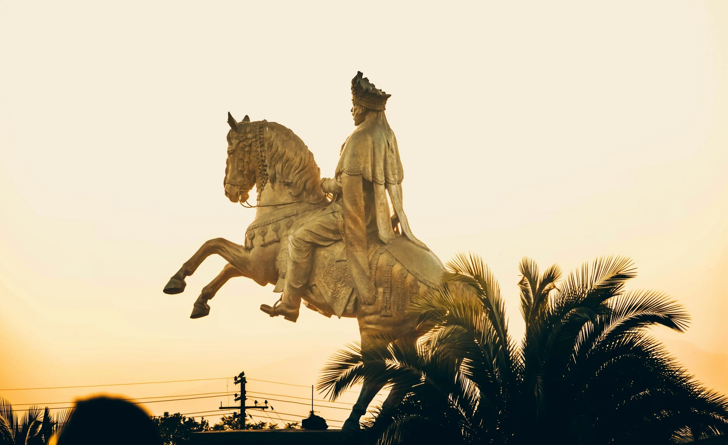 Equeste statue of a man in historical military uniform riding a horse, located outdoors at sunset, with palm trees in the foreground and power lines in the background.