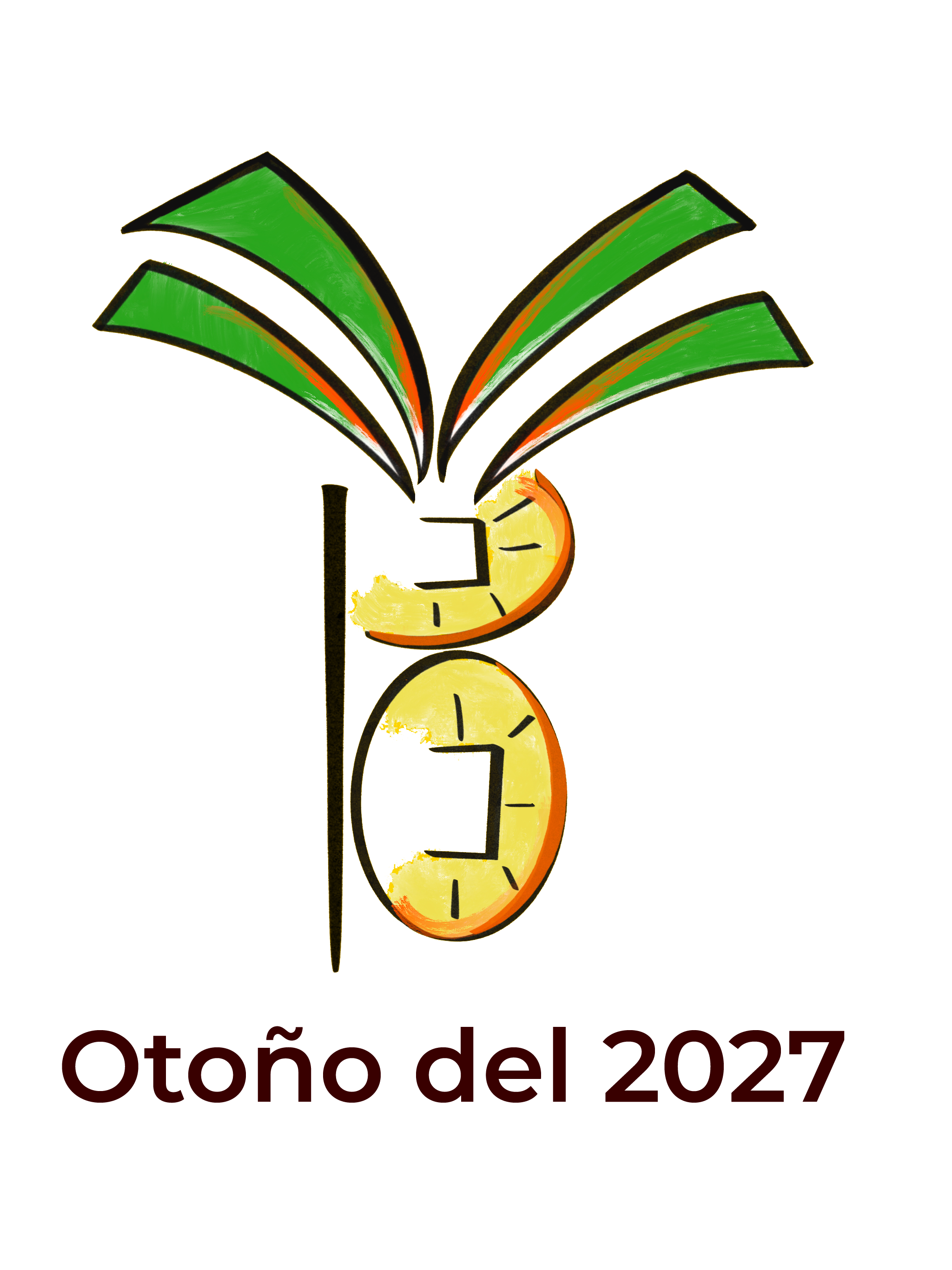 A stylized illustration of a palm tree with green fronds, a clock face hidden behind the trunk, and the text 'Otoño del 2027' in red below.