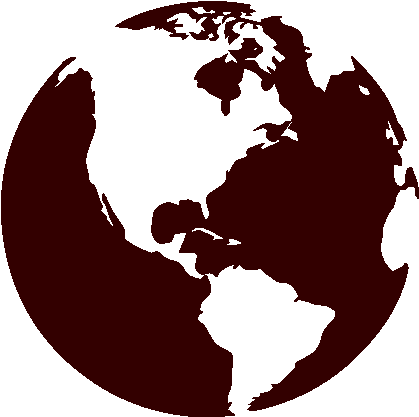 Dark red and black globe with continents faintly visible.