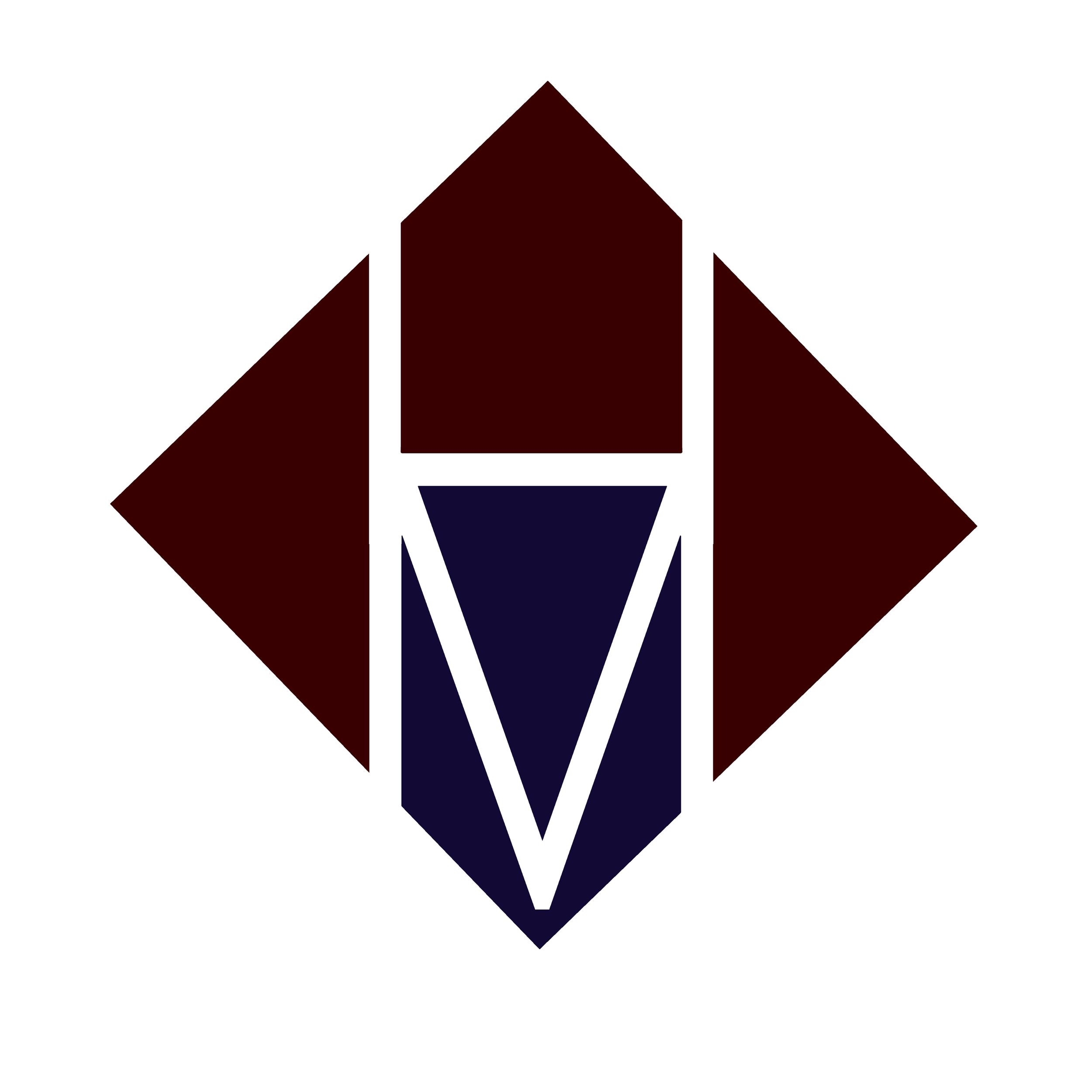 Abstract geometric logo with a black background, featuring a white outline of a diamond shape containing dark red, navy, and brown shapes in a symmetrical pattern.