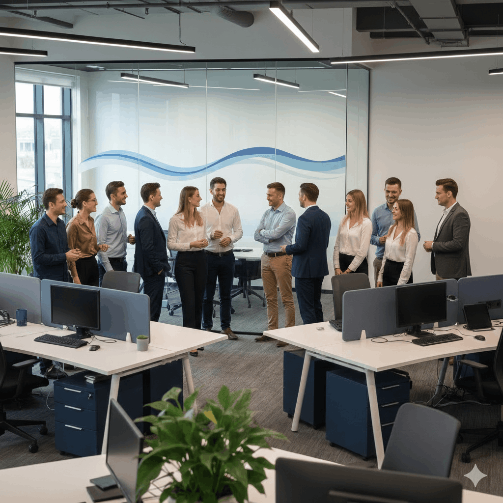 Business team standing in a conference room, engaging in conversation, with office desks and computers in the foreground.